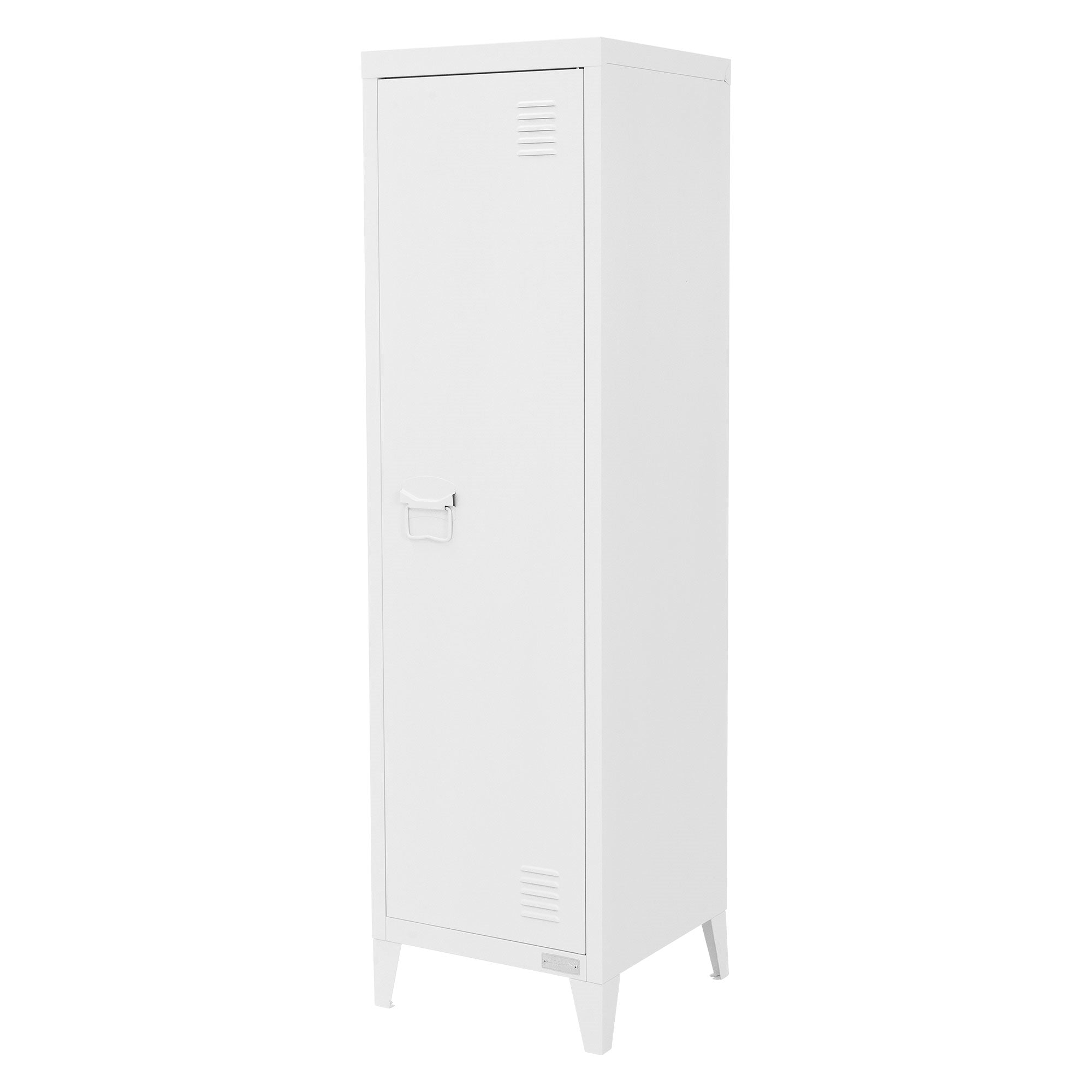 Weißer, geschlossener Schrank mit einem Griff, auf einem hellen Hintergrund.