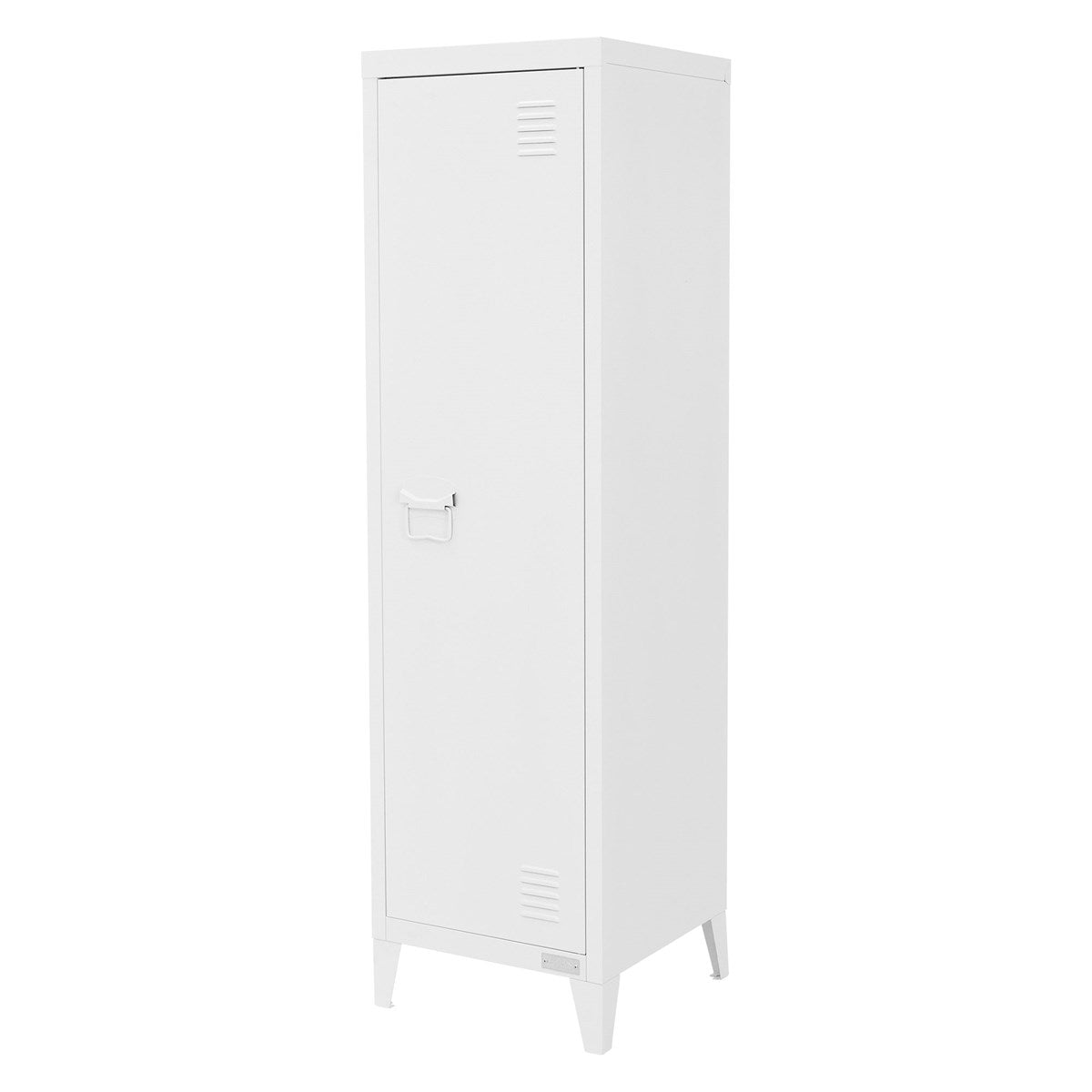 White, closed cabinet with one handle, on a light background.