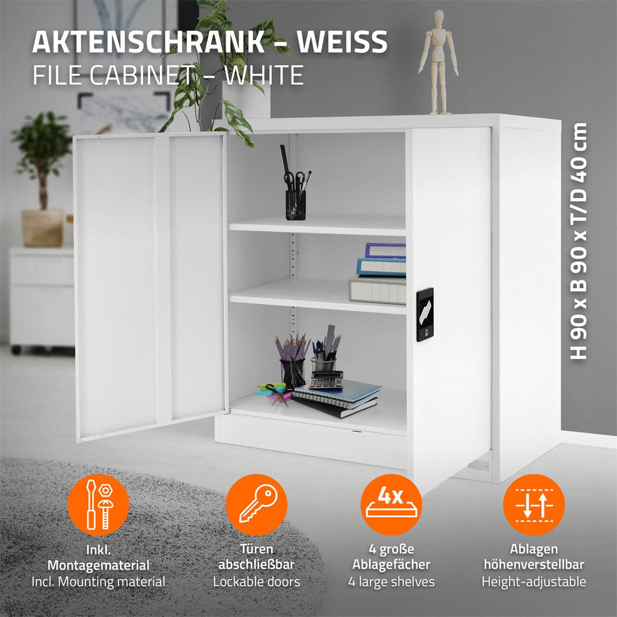 Weißer Aktenschrank mit offenen Türen und vier Regalen.