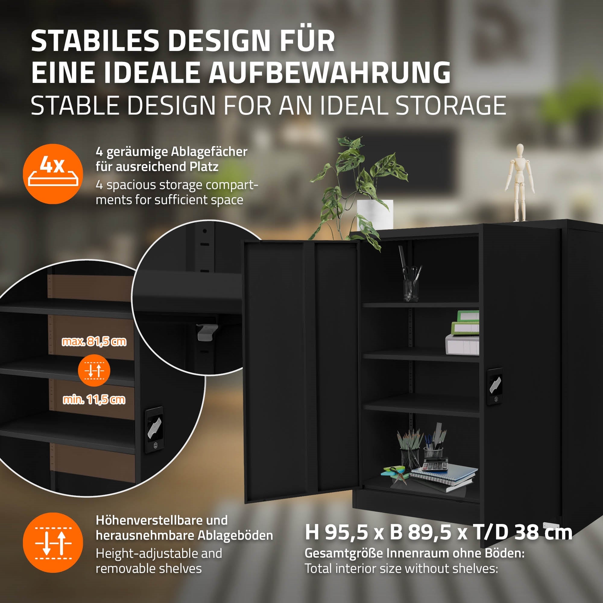 Schwarzer Aktenschrank mit verstellbaren Regalen und Maßen, auf einem Holzfußboden.