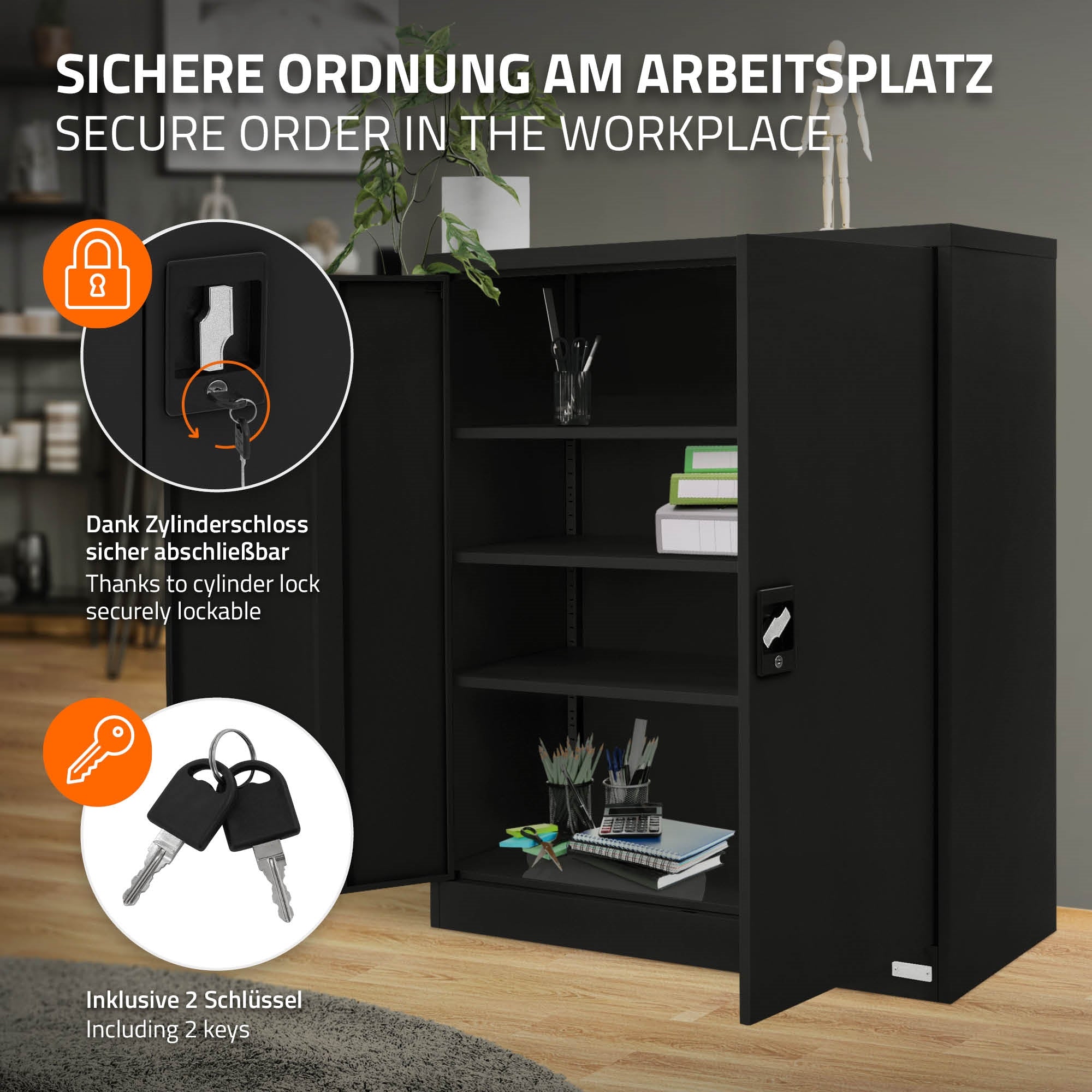 Schwarzer Schrank mit zwei Türen, einem Schloss und zwei Schlüsseln.