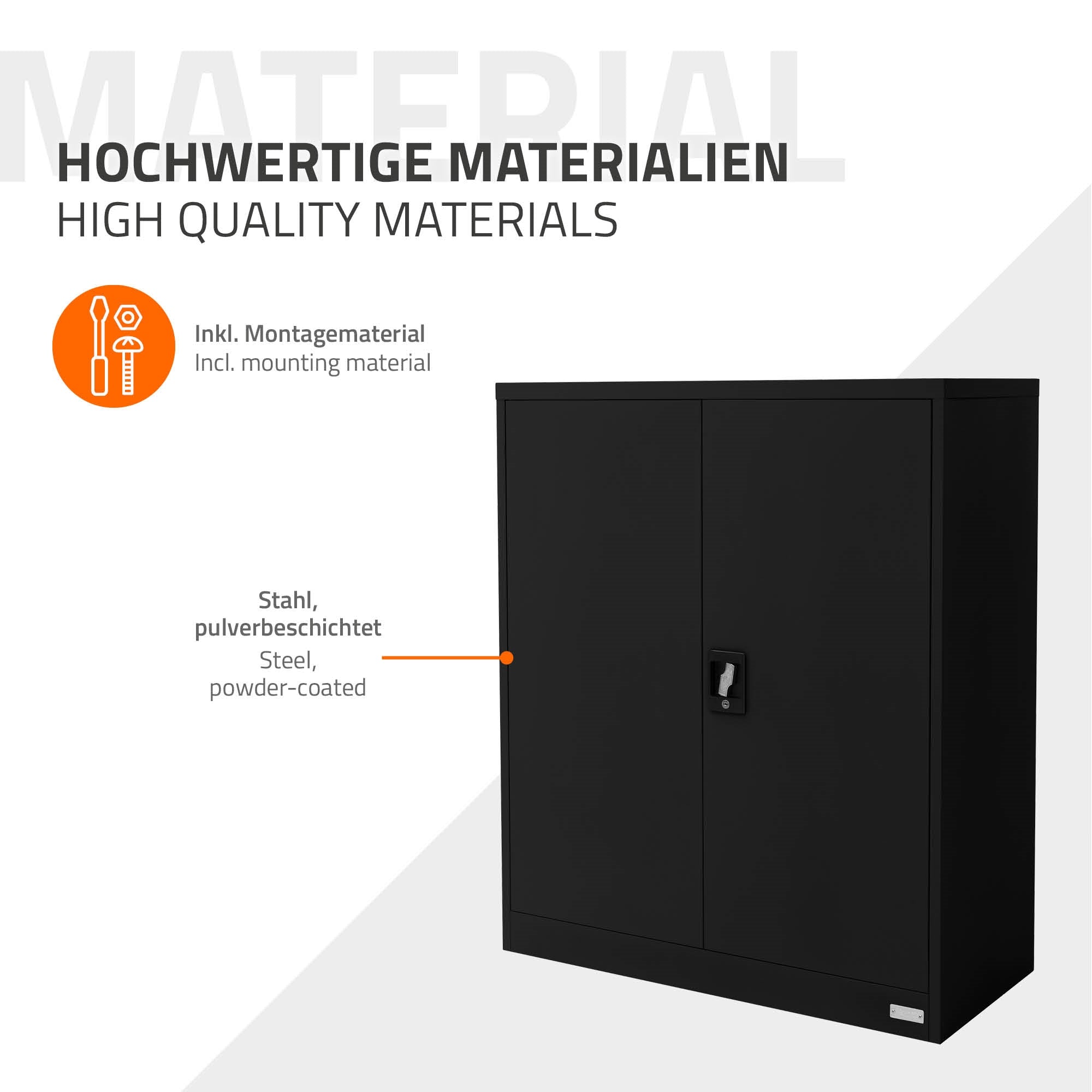 Schwarzer Schrank mit Informationen zu hochwertigen Materialien.