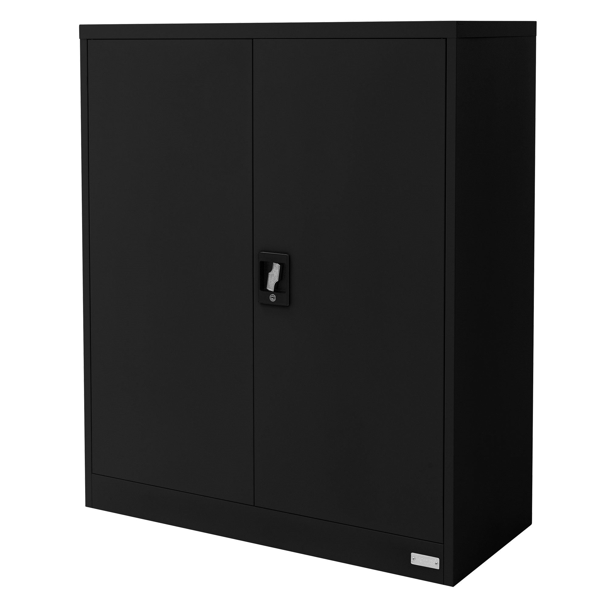 Schwarzer Schrank mit geschlossenen Türen, schlichtes Design.
