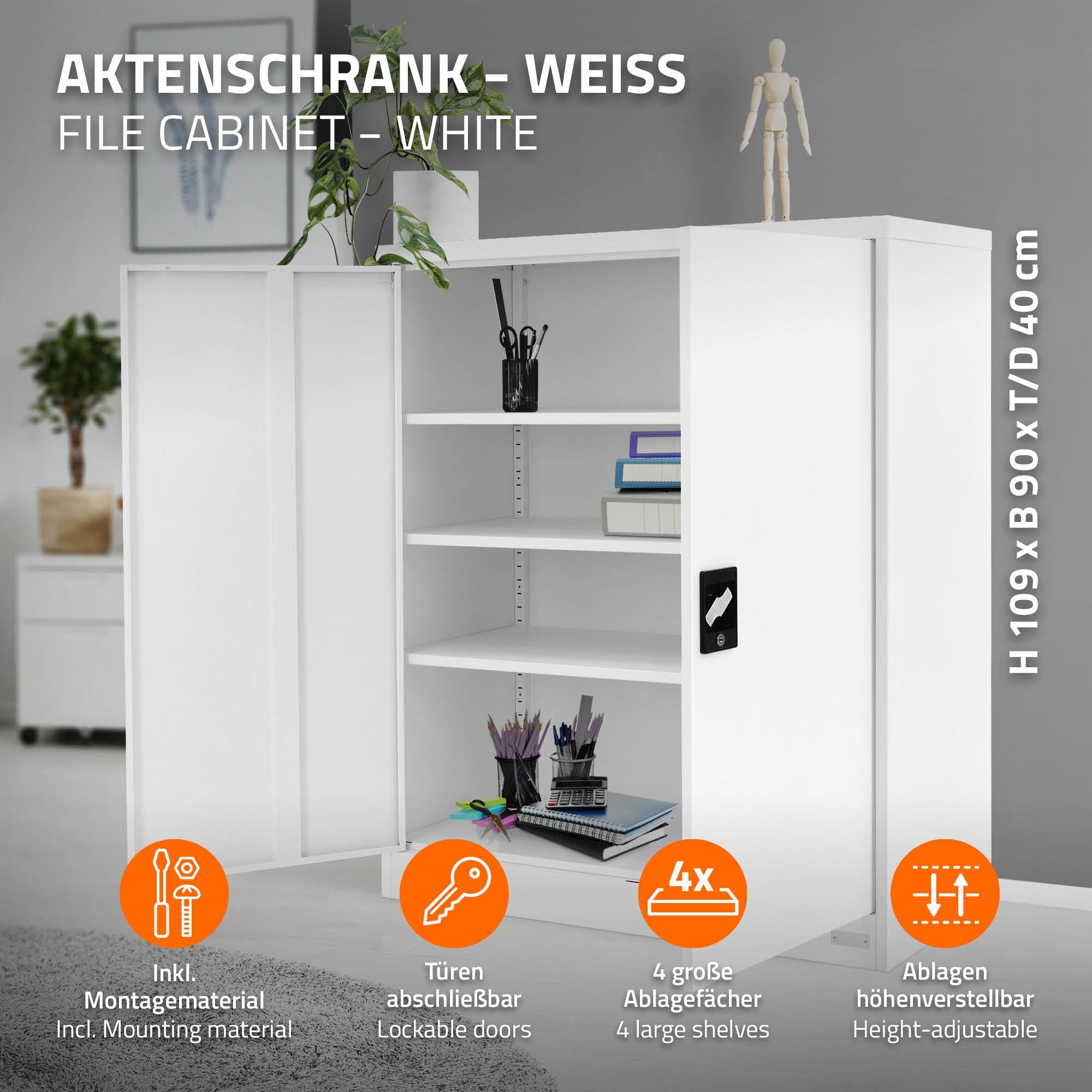 Weißer Aktenschrank mit drei Regalen und zwei abschließbaren Türen.