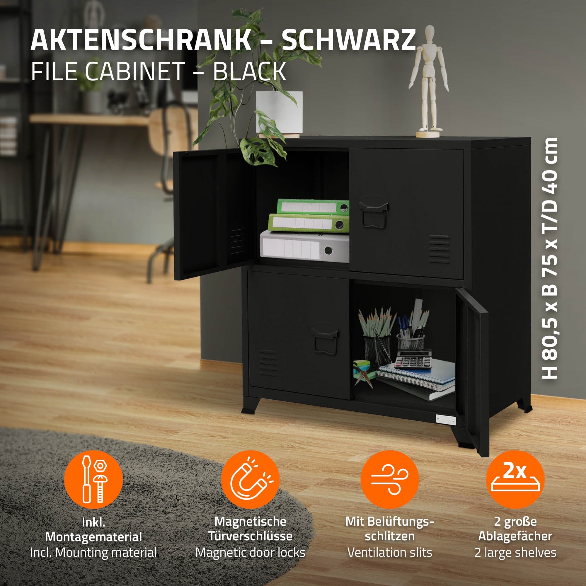 Schwarzer Aktenschrank mit zwei Türen und zwei Ablagefächern.