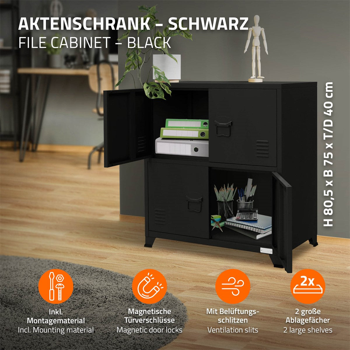Schwarzer Aktenschrank mit zwei Türen und zwei Ablagefächern.