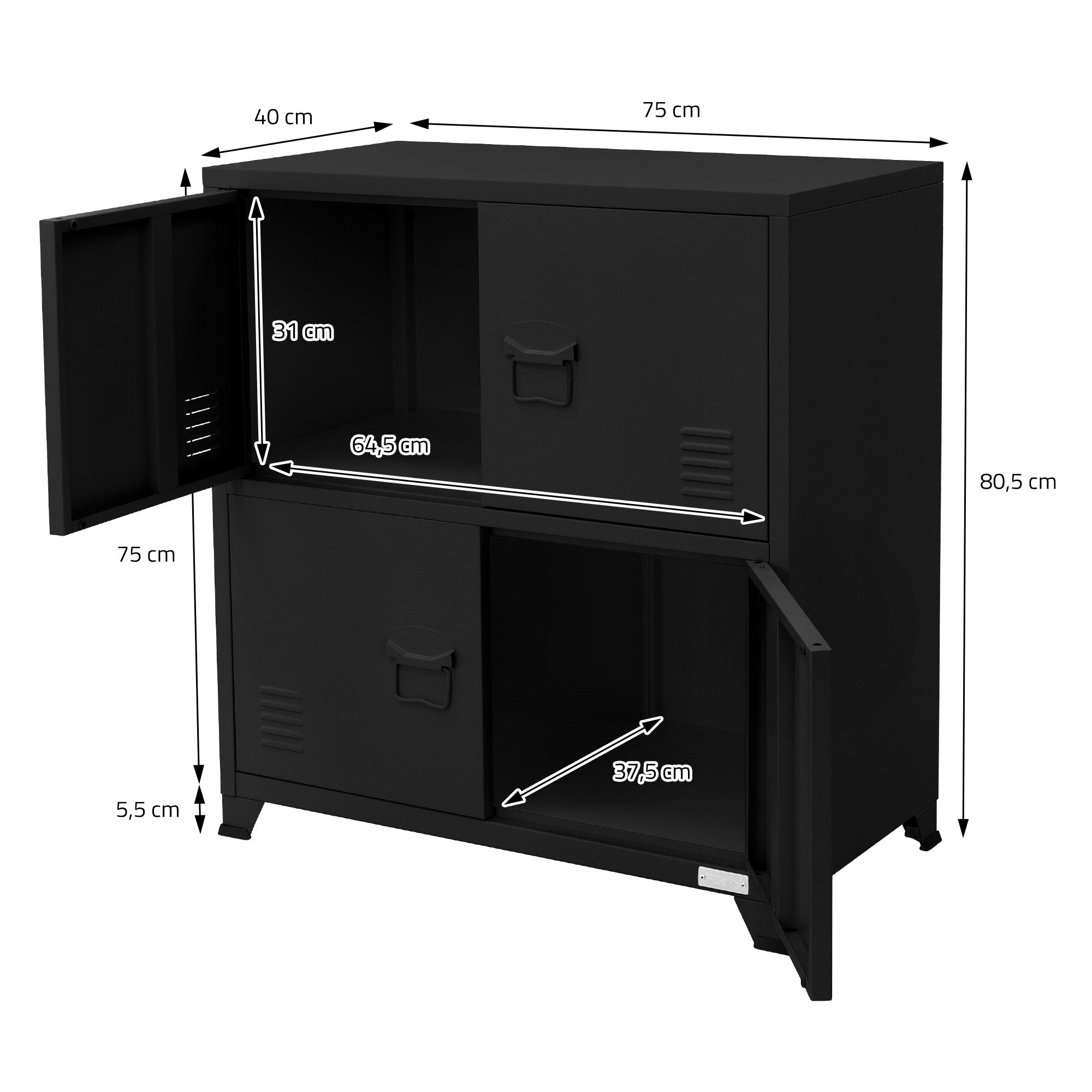 Ein schwarzer Schrank mit geöffneten Türen und Maßangaben in Zentimetern.