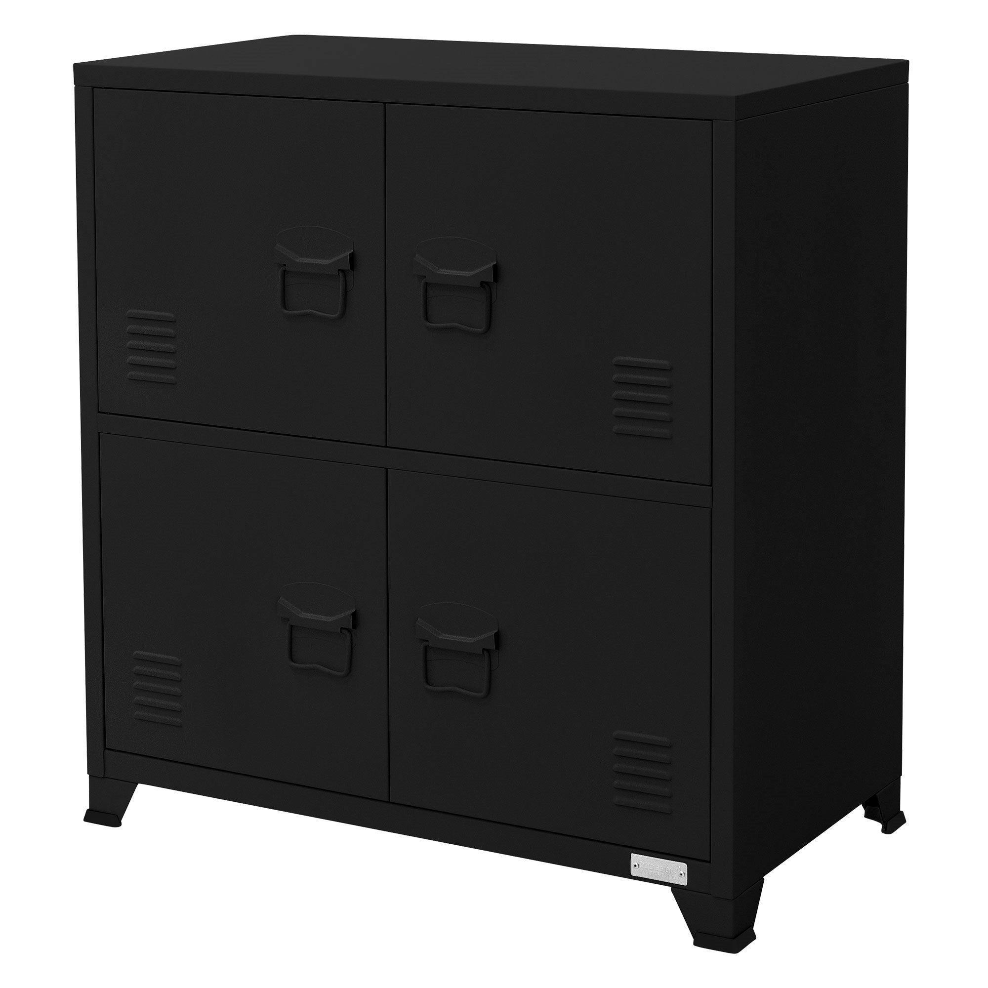 Schwarzer Aktenschrank mit vier Fächern und Griffen, auf einem Holzfußboden.
