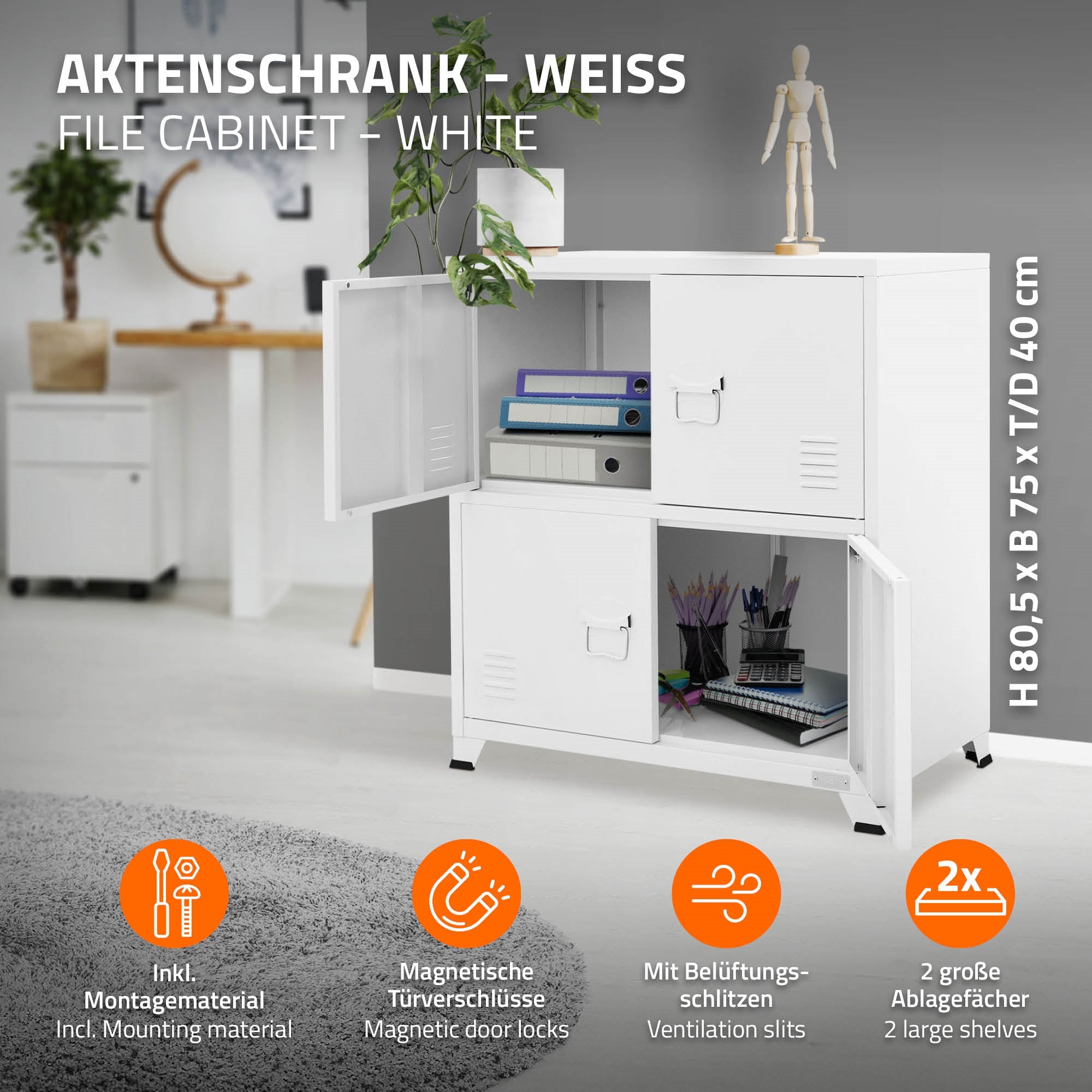 Weißer Aktenschrank mit zwei Türen und zwei Ablagefächern.