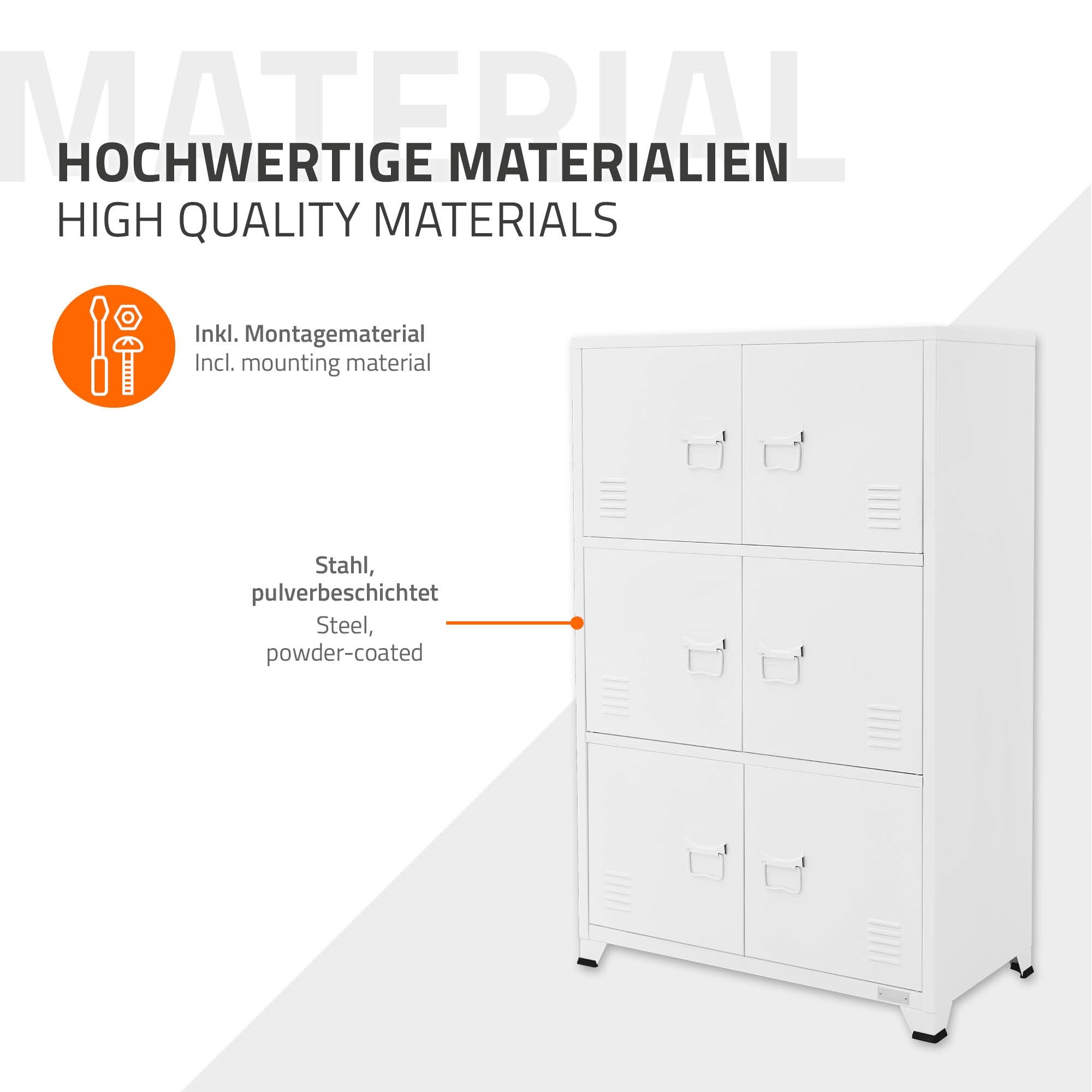 Grafik zu hochwertigen Materialien mit Montagehinweisen in Weiß.