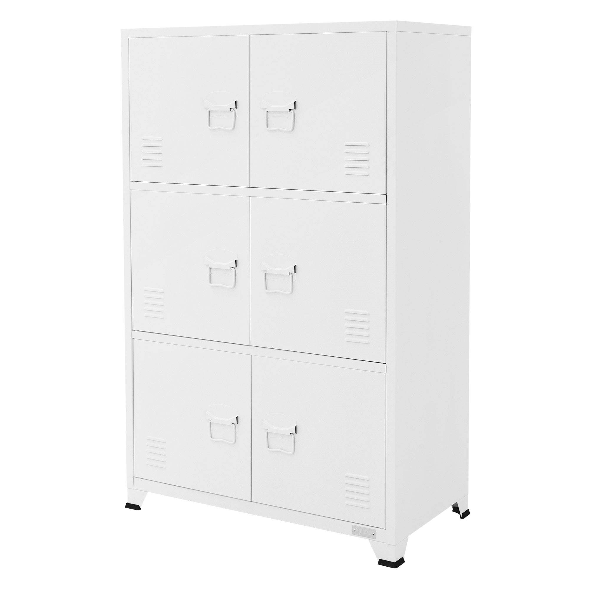 Weißer Schrank mit sechs Fächern und Griffen.