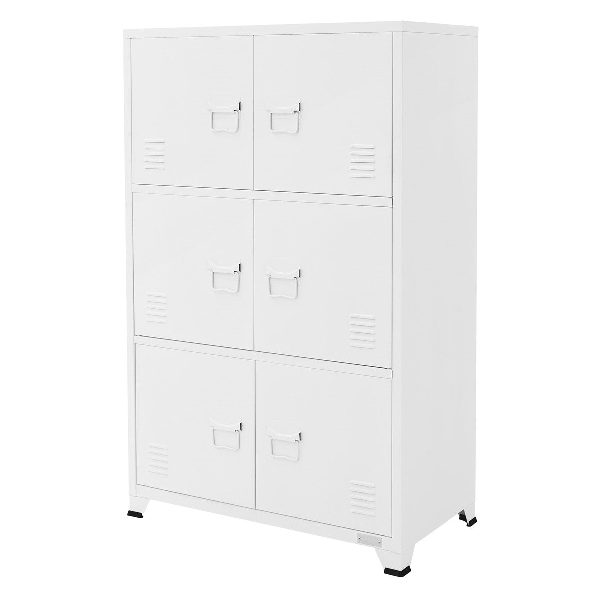 White cabinet with six compartments and handles.
