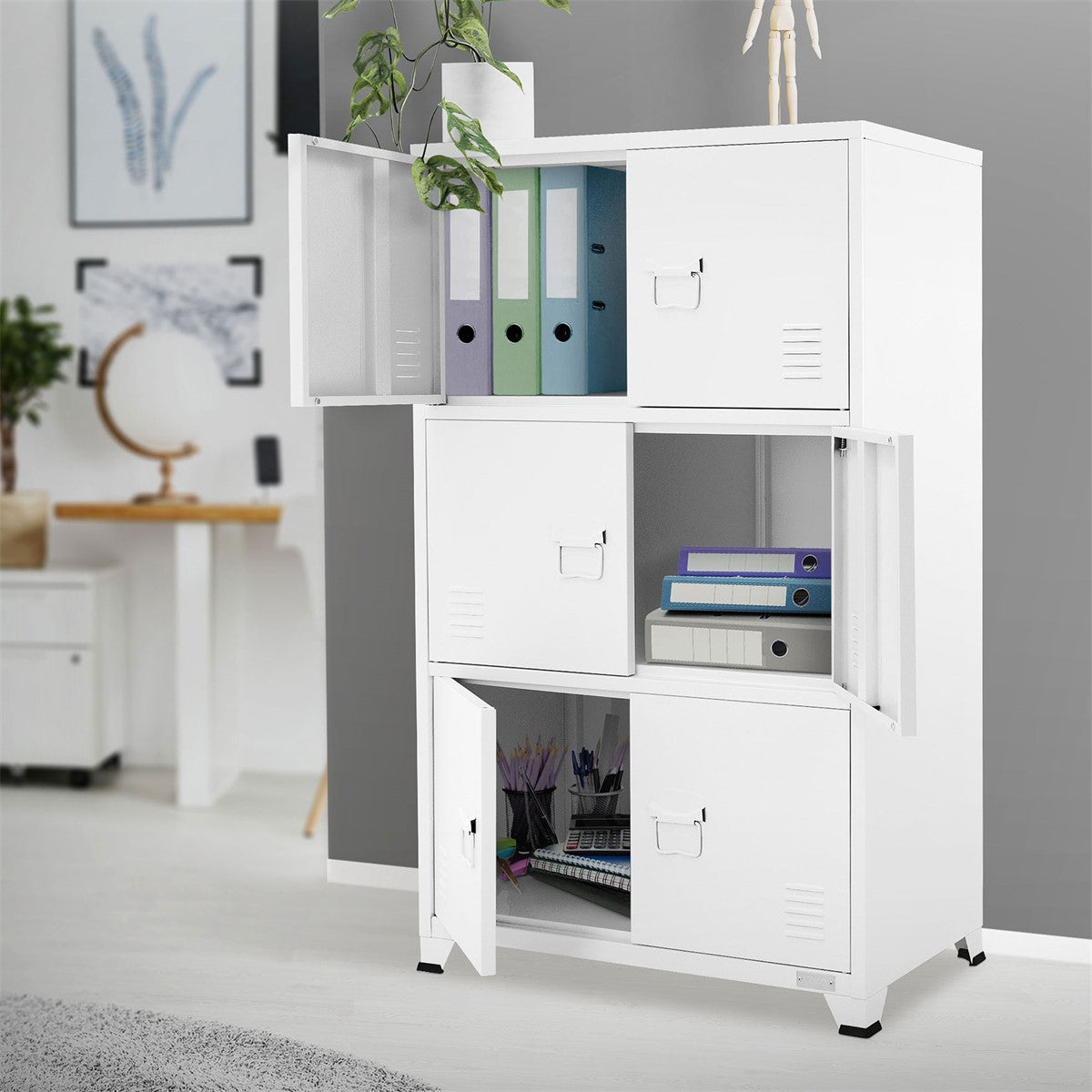 White filing cabinet with open and closed compartments in a modern room.