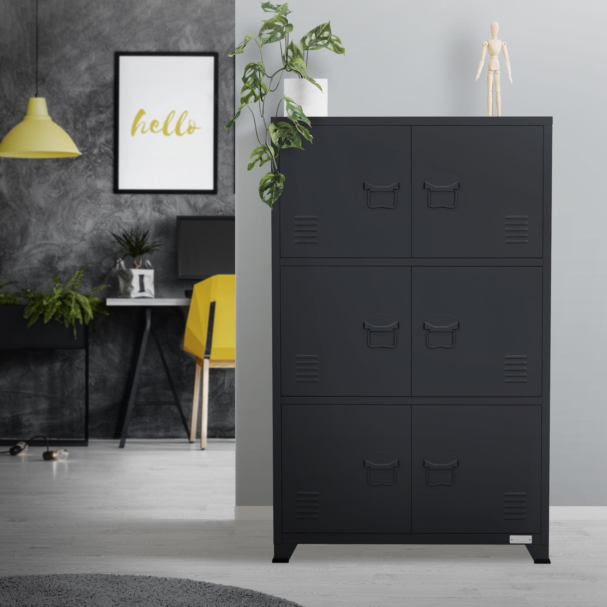 Schwarzer Aktenschrank mit sechs Fächern in einem modernen Raum.