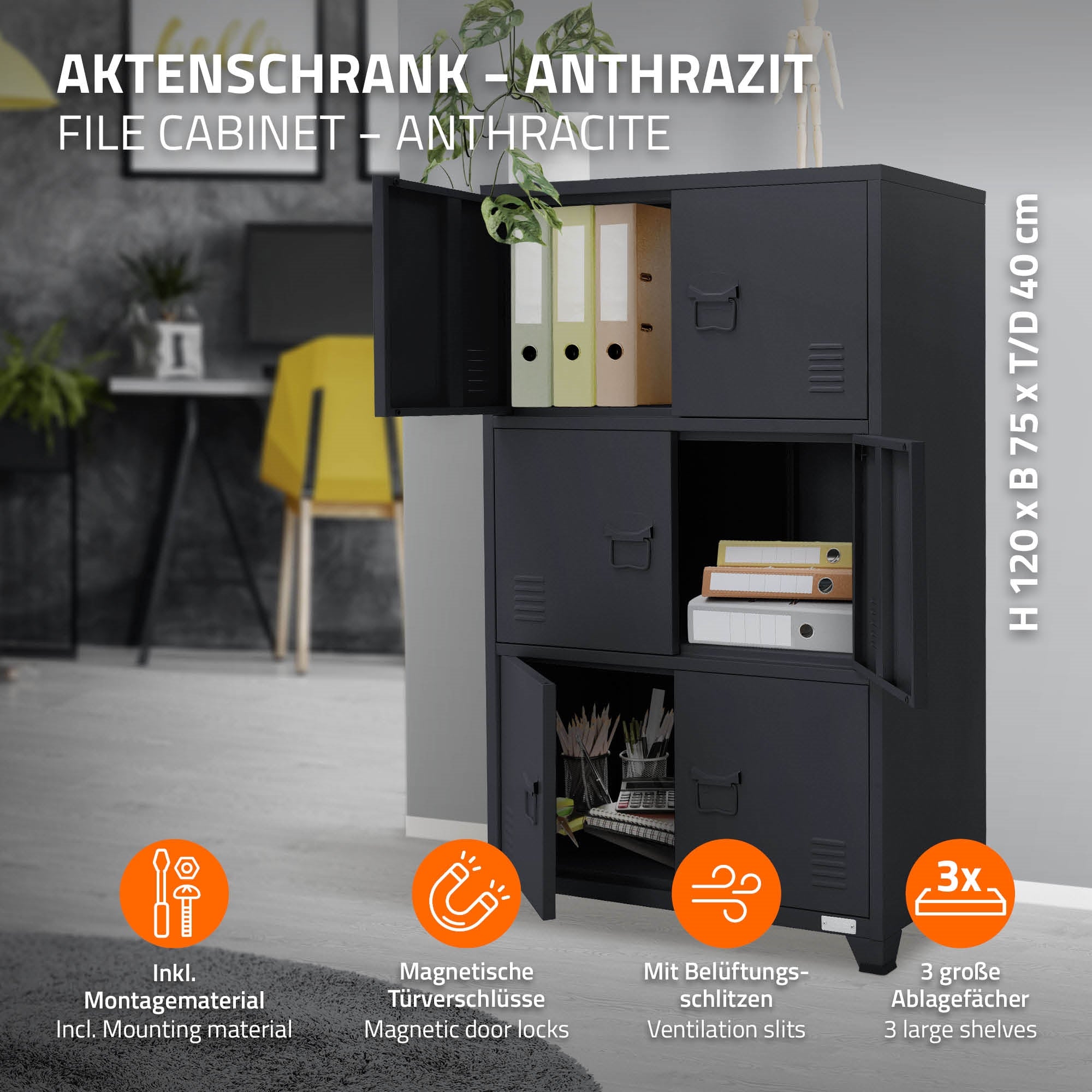 Aktenschrank in Anthrazit mit mehreren Fächern und Türen.