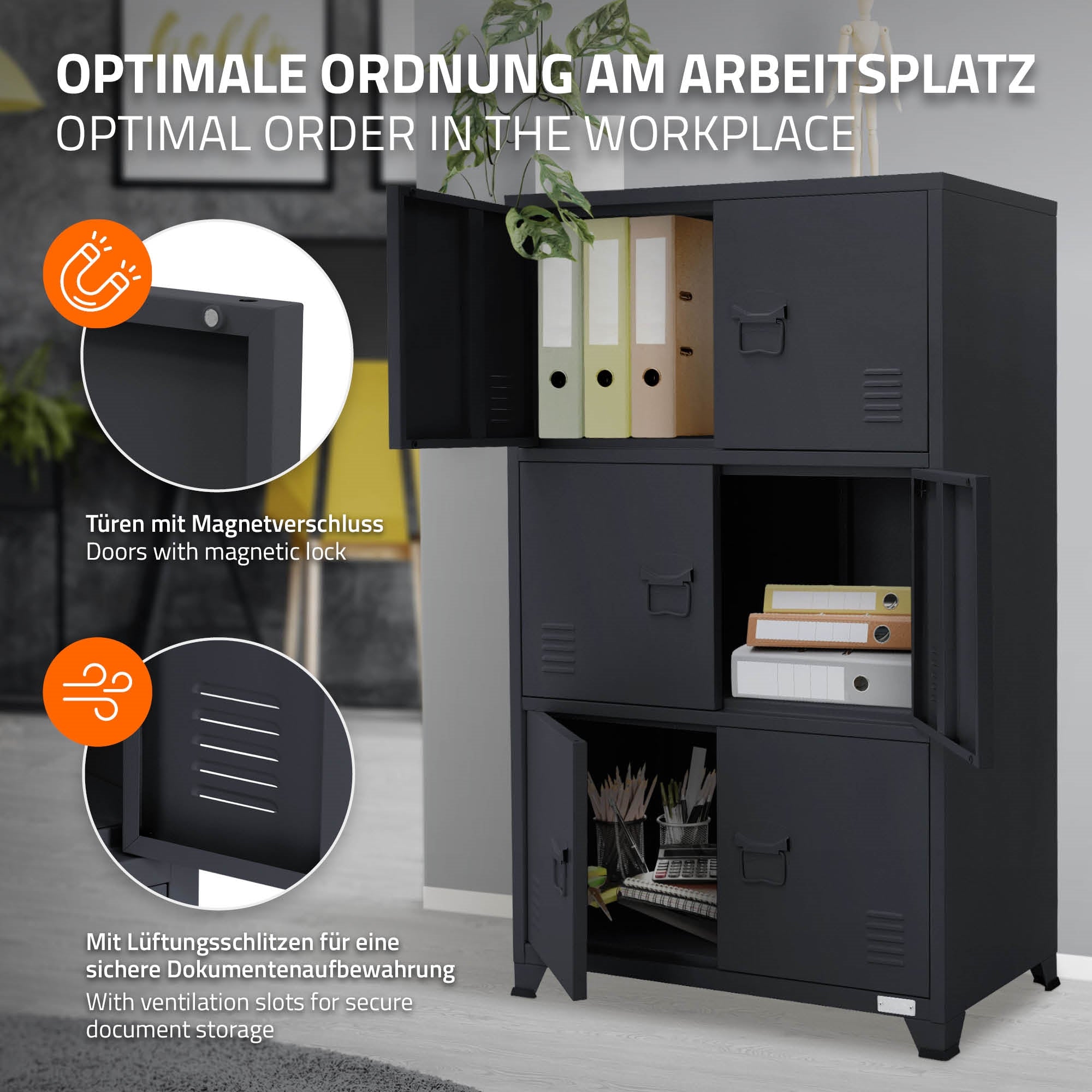 Schrank mit Fächern und Türen, die mit einem Magnetverschluss gesichert sind.