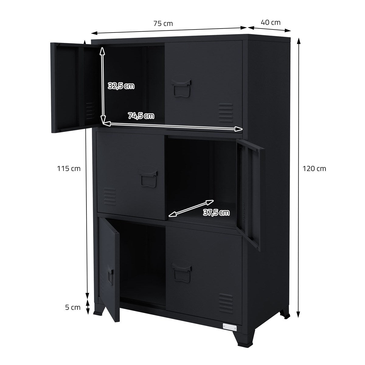 Black cabinet with dimensions and open doors.