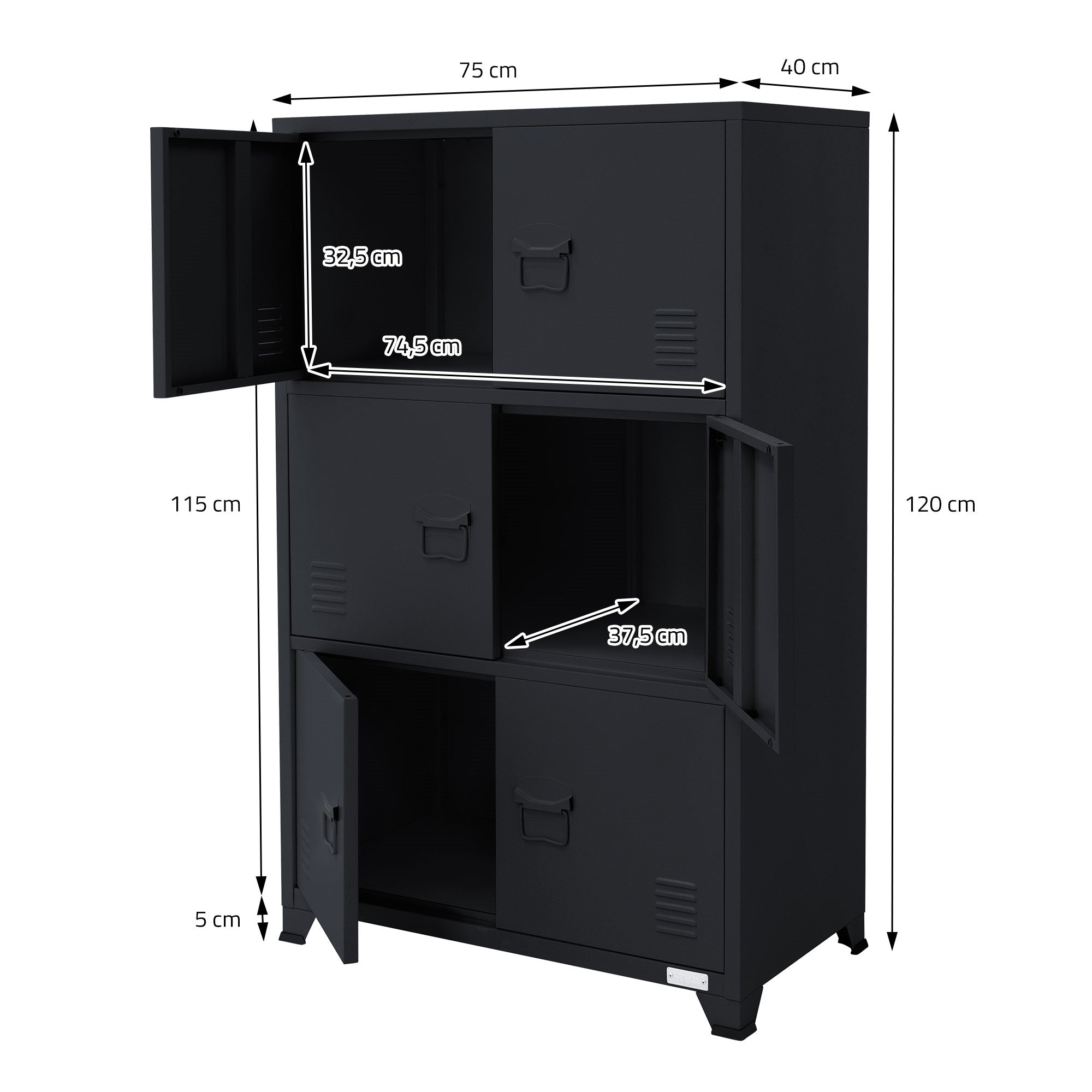 Schwarzer Schrank mit Maßen und geöffneten Türen.