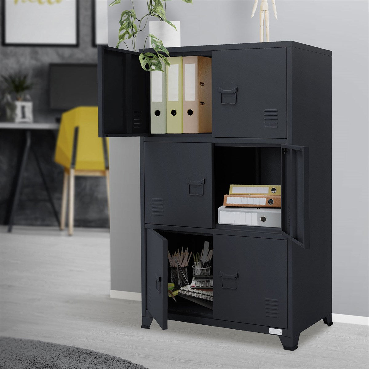 Black cabinet with open and closed compartments in a room.