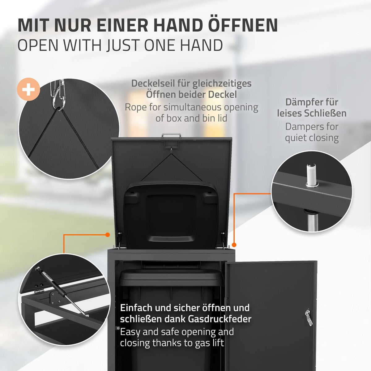 Mülltonnenbox mit Deckel, der sich leicht mit einer Hand öffnen lässt.
