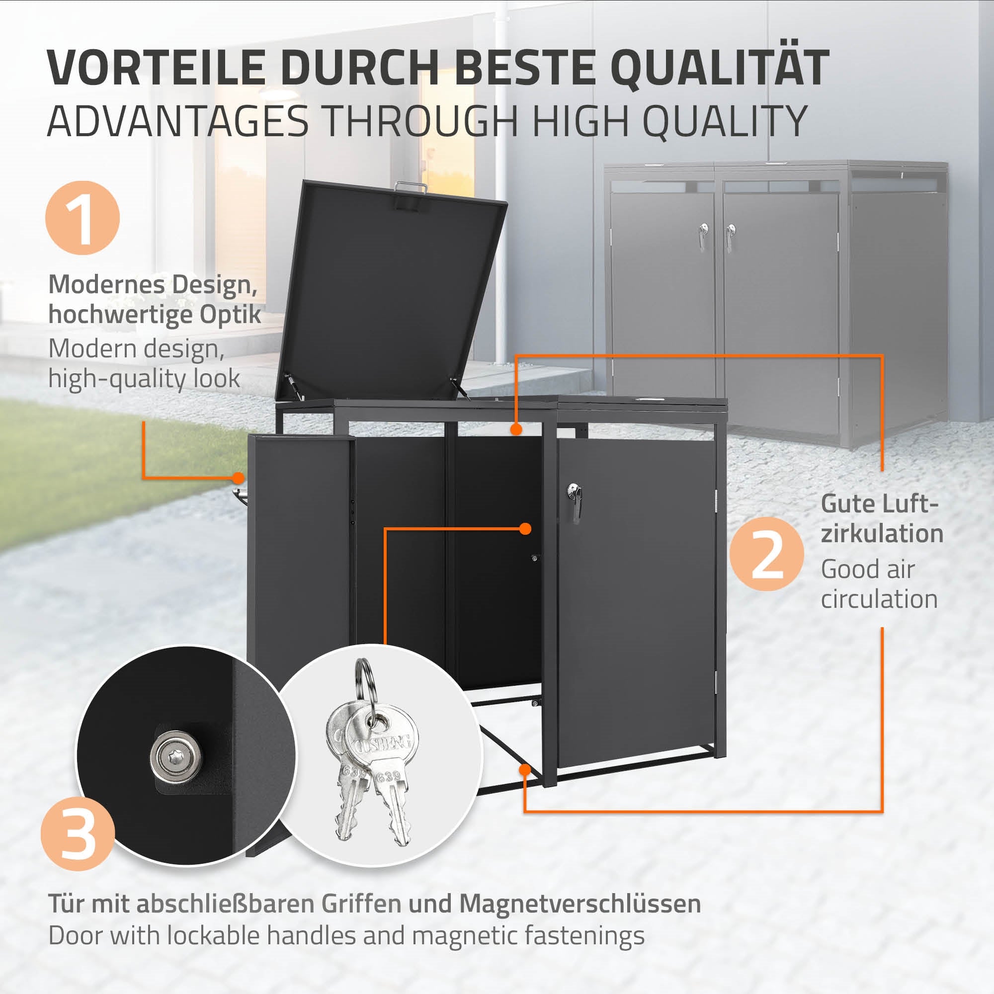 Mülltonnenbox mit modernem Design, gute Luftzirkulation, abschließbare Tür