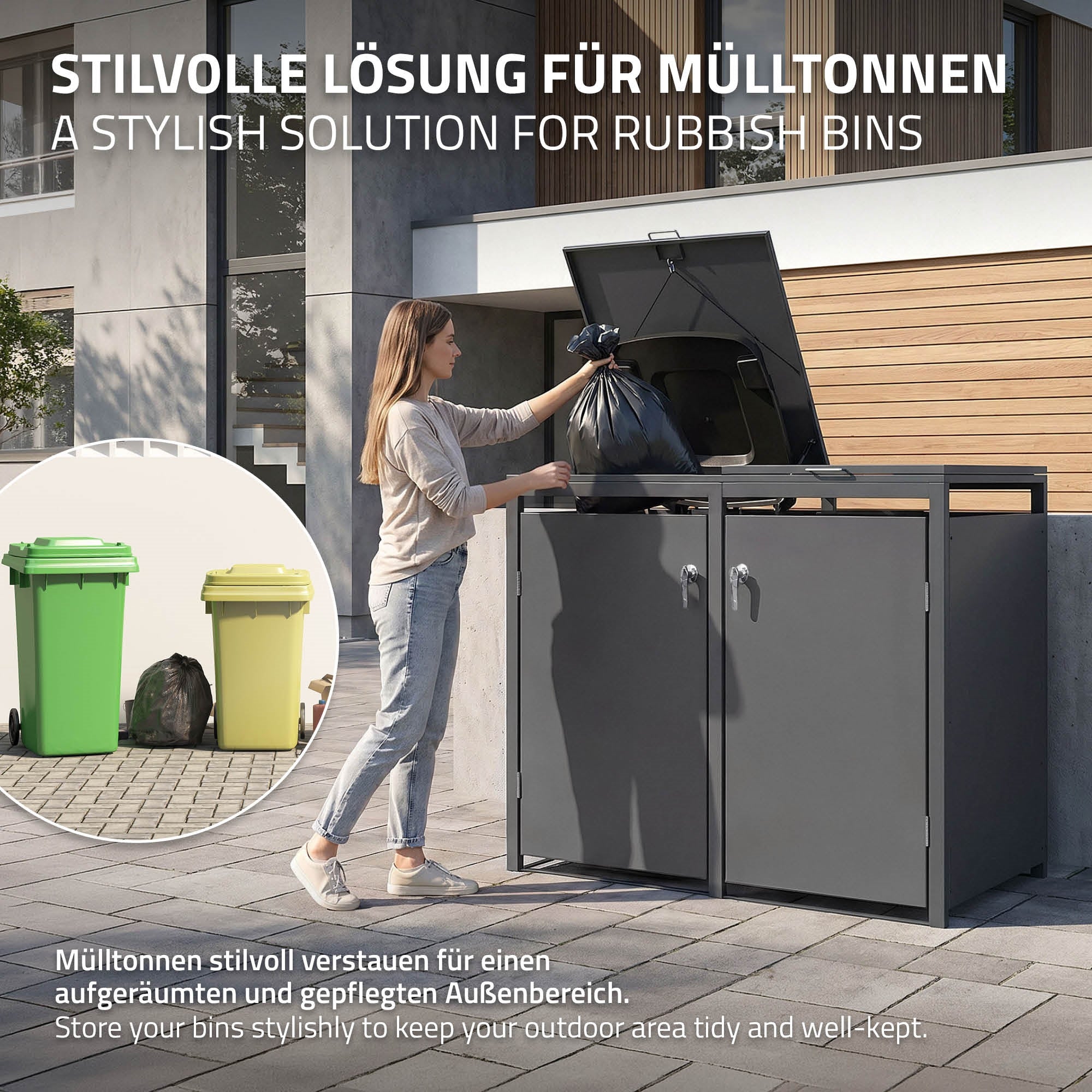 Frau stellt Müllsack in Mülltonnenbox, stilvolle Lösung für Außenbereich.