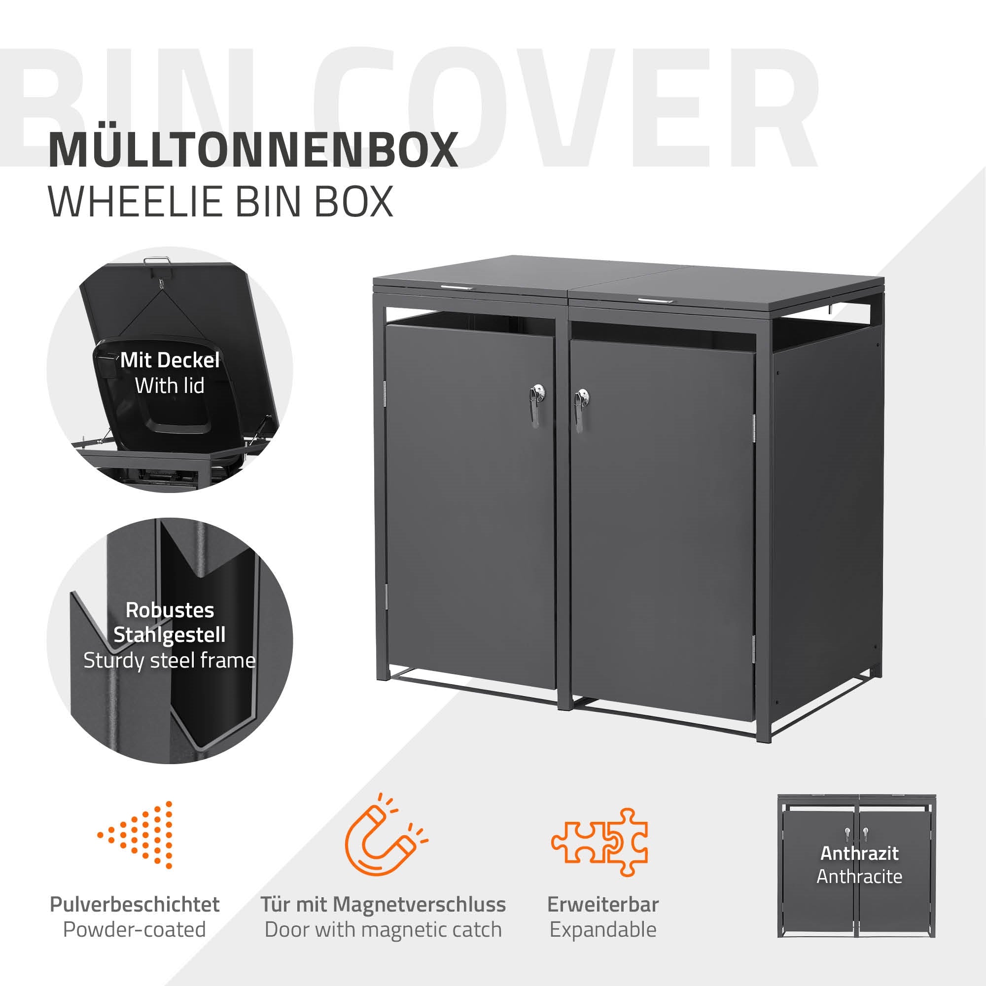 Mülltonnenbox mit Deckel und zwei Türen aus robustem Stahl.
