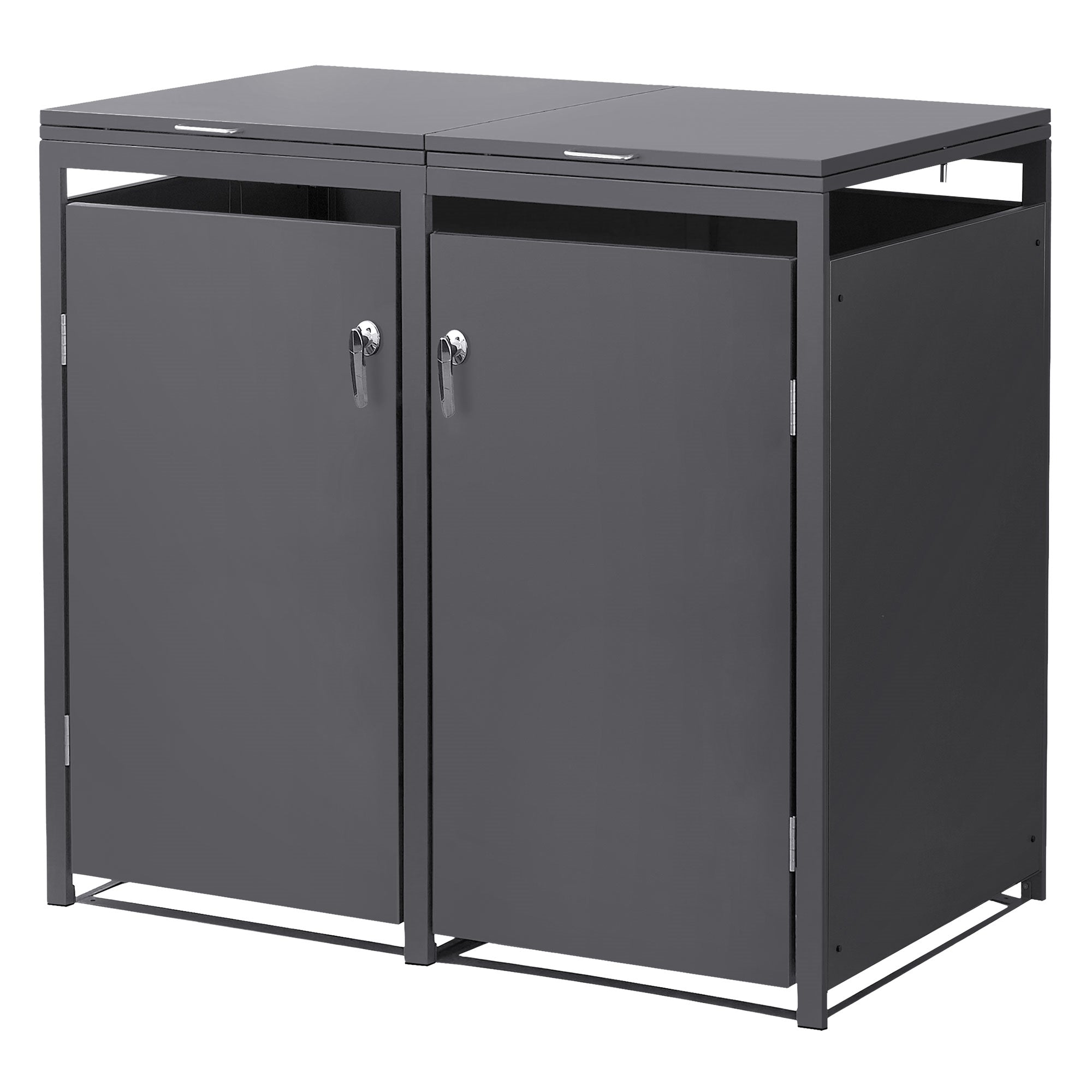 Mülltonnenbox mit zwei geschlossenen Türen und ohne Deckel.