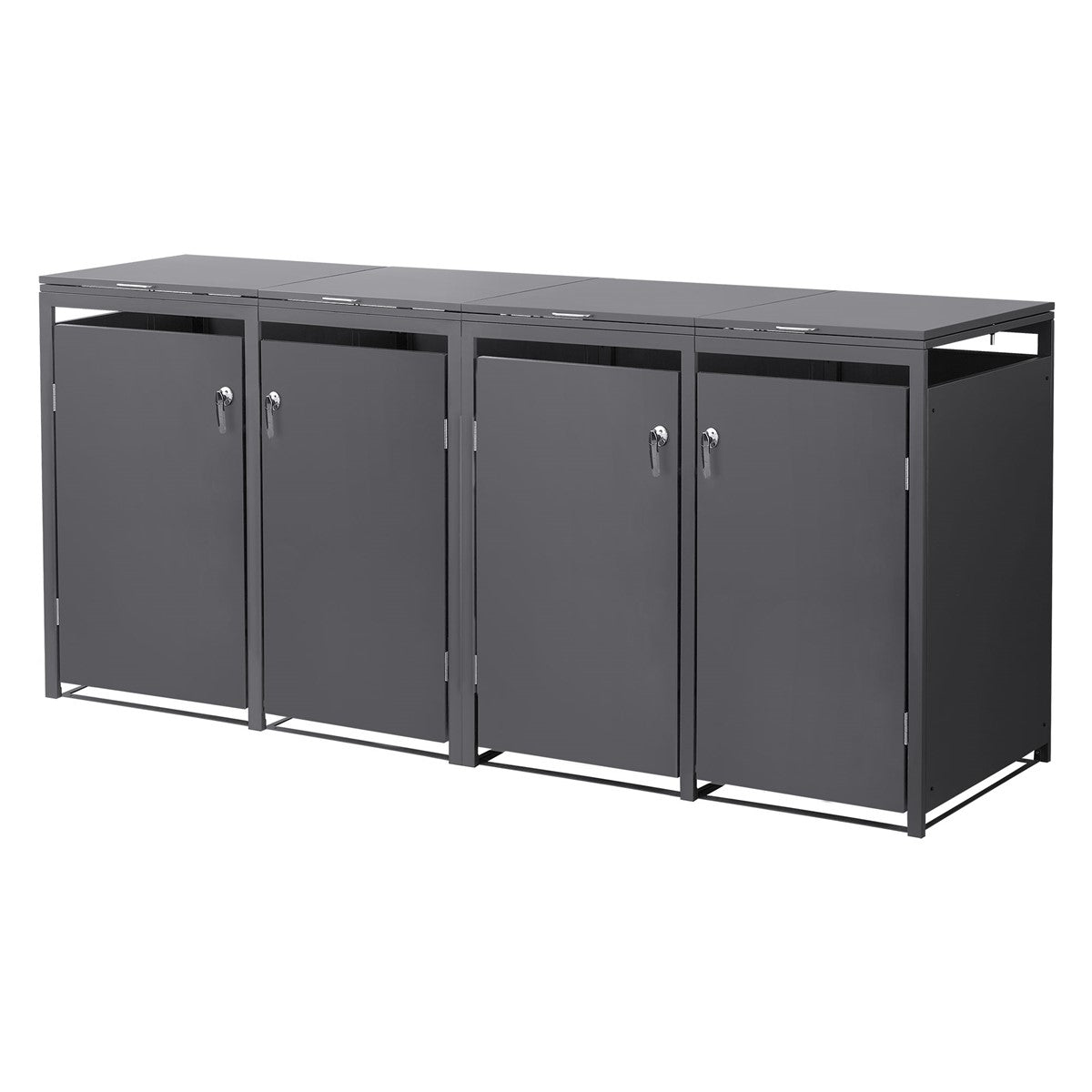 A grey, modern cabinet with four doors and a flat top.