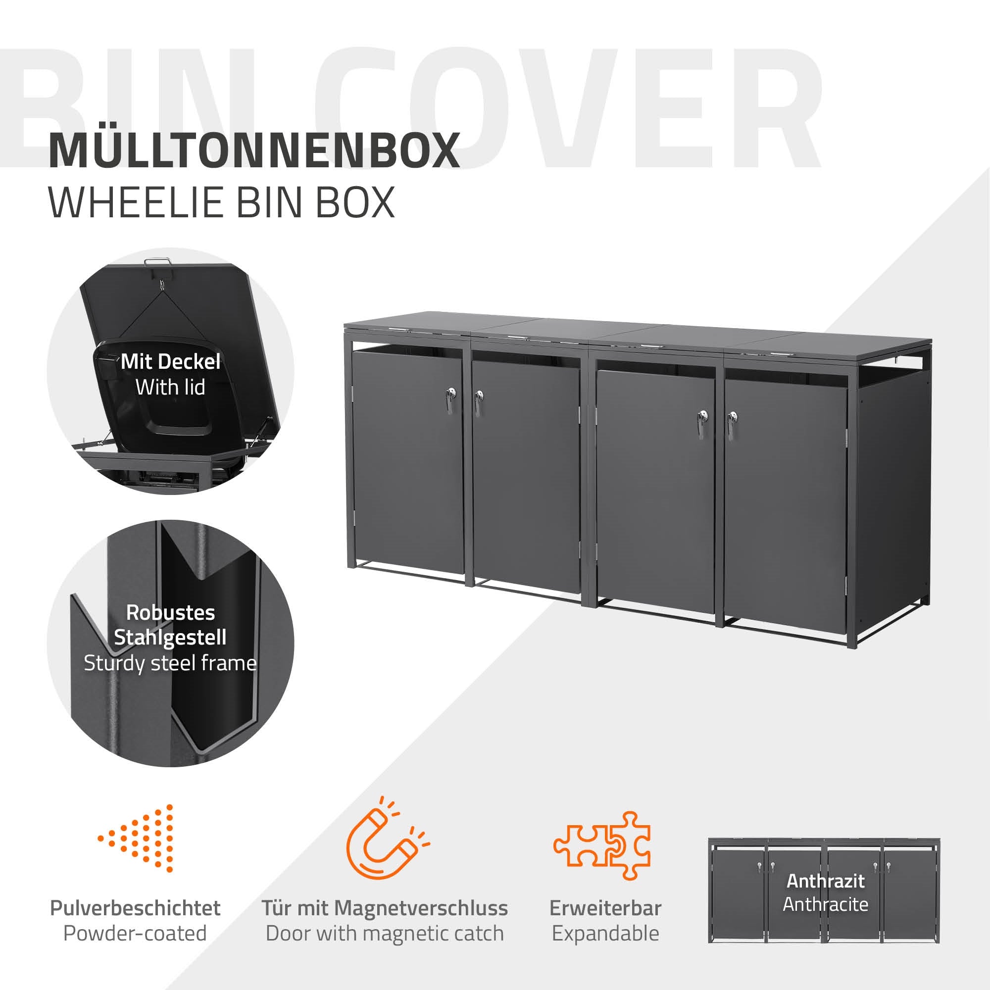 Mülltonnenbox mit mehreren Fächern und anthrazitfarbener Oberfläche.
