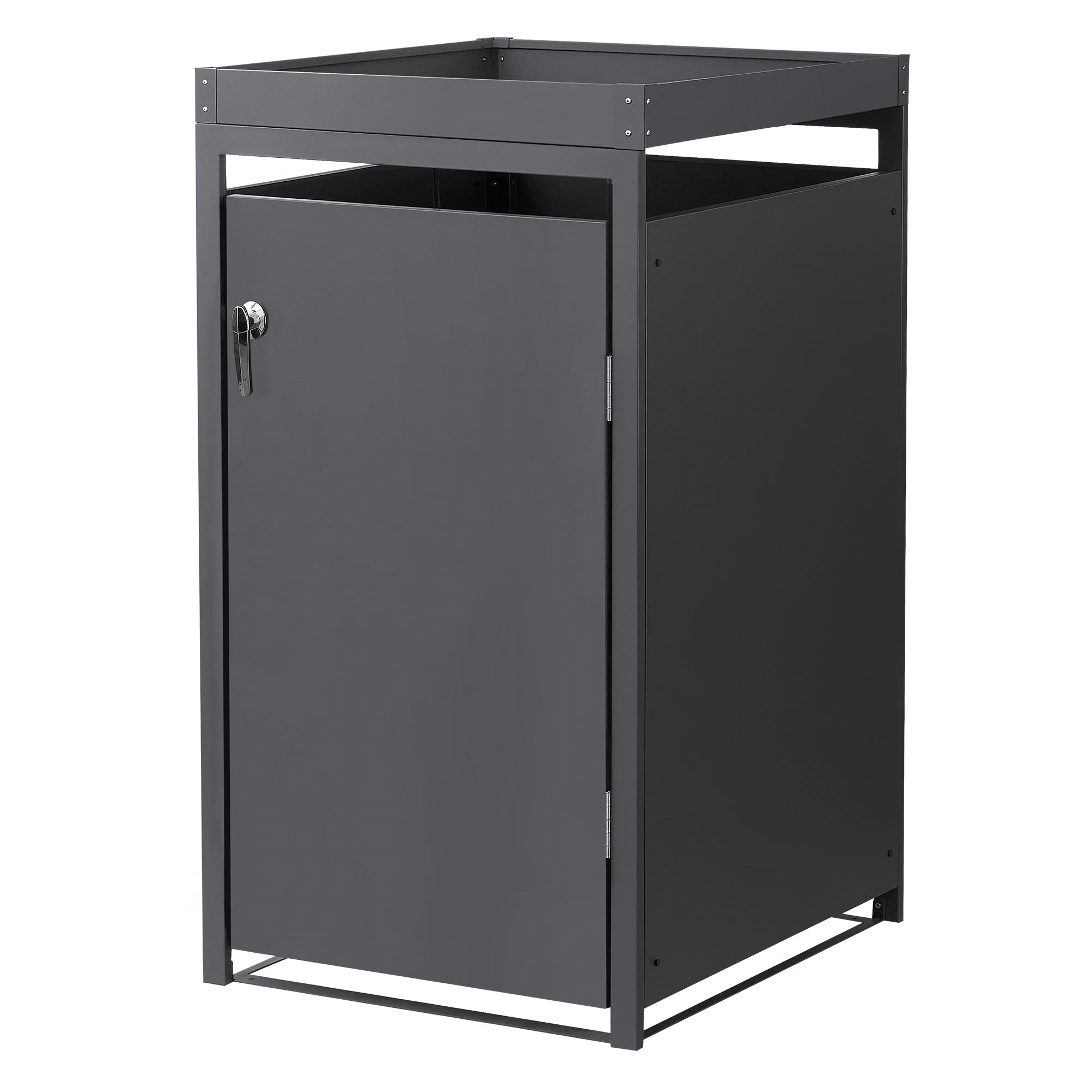 Ein grauer Schrank mit einer Tür und einem offenen oberen Bereich.