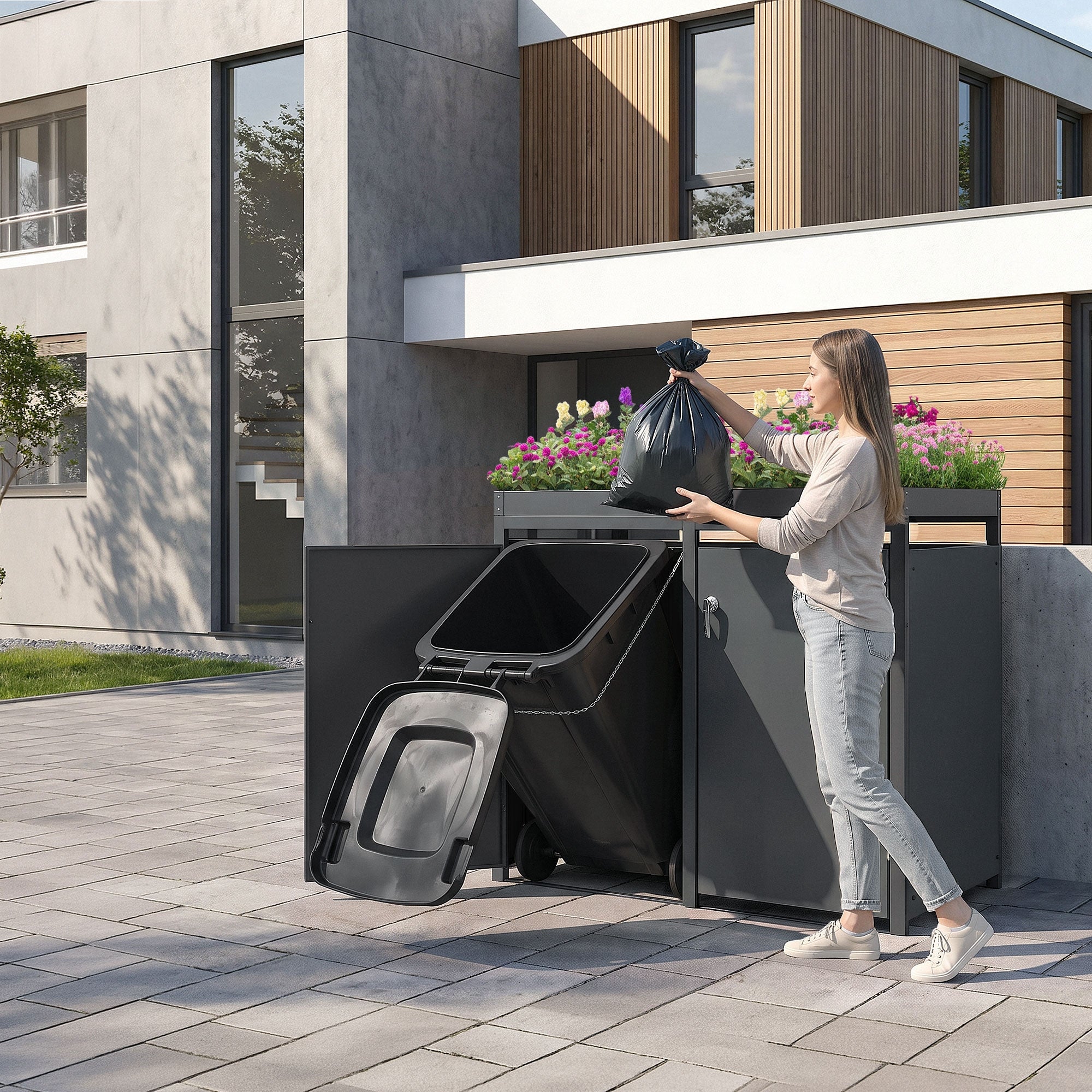 Henkilö heittää roskapussin roskakoriin modernin edessä.