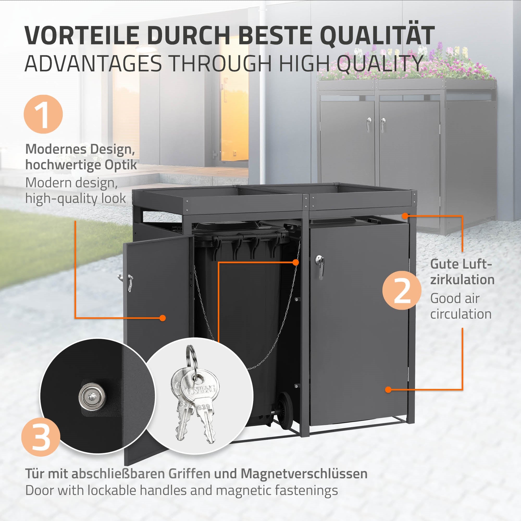 Mülltonnenbox in modernem Design, mit abschließbaren Griffen und g