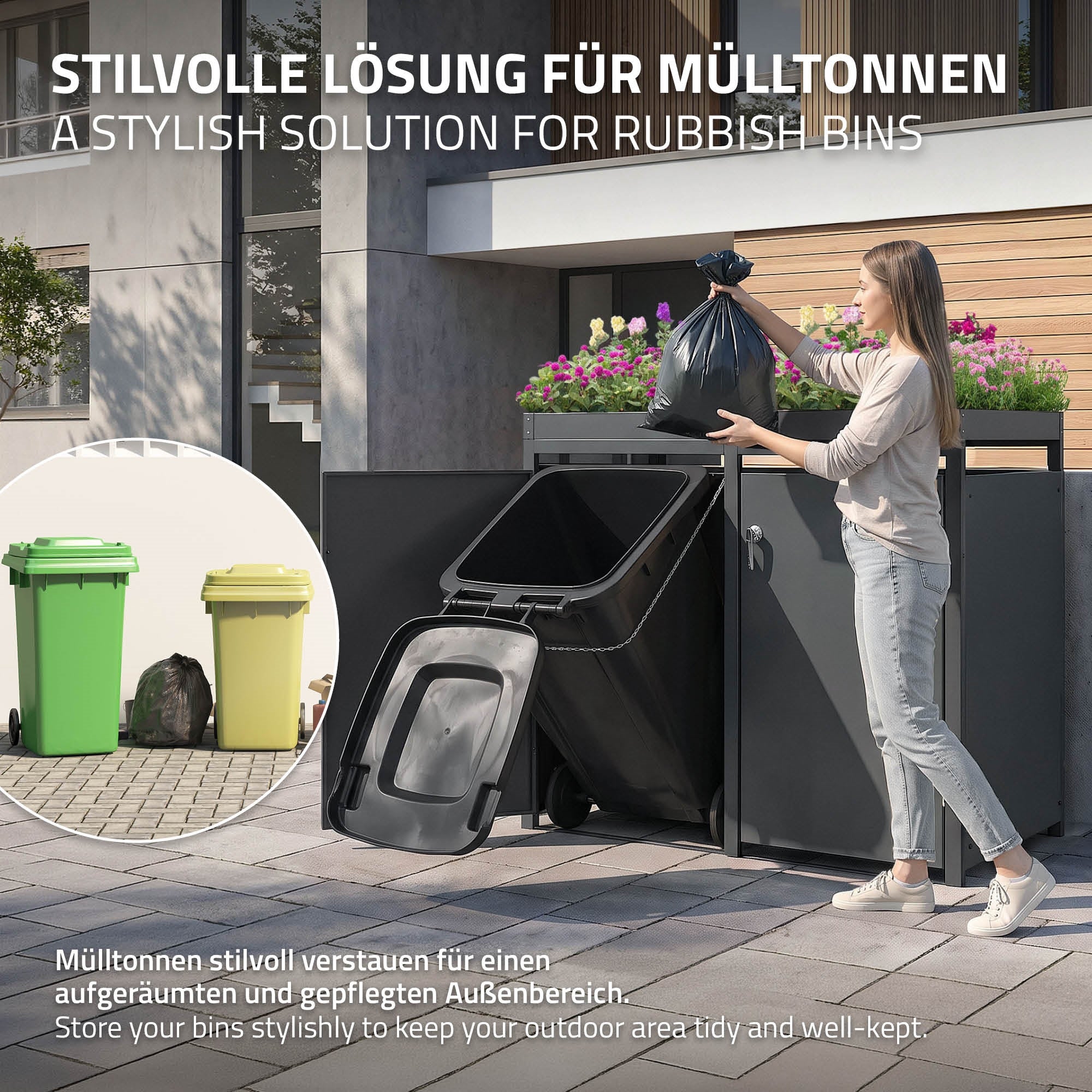 Eine Person stellt eine schwarze Mülltonnenbox im Außenbereich auf