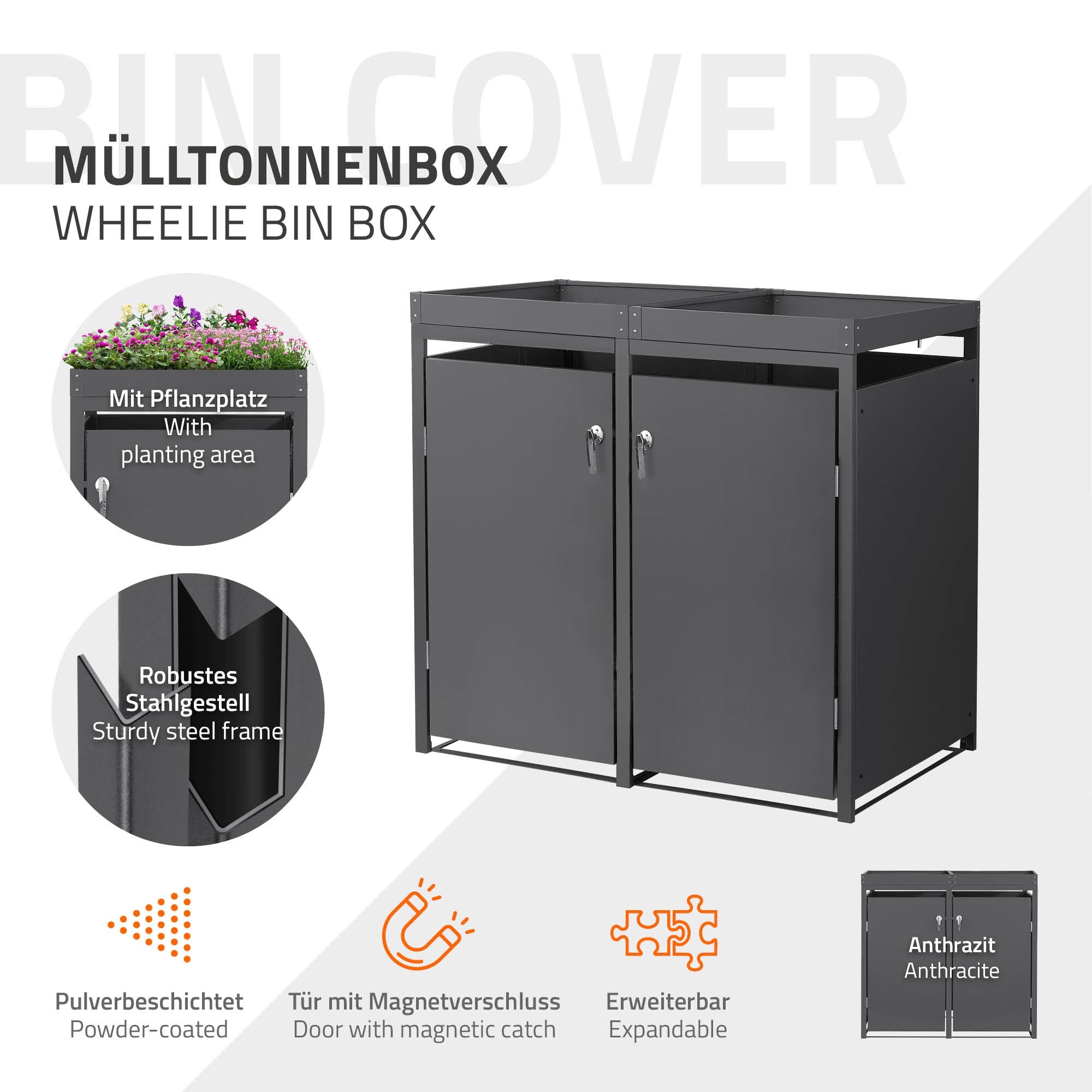 Eine Mülltonnenbox mit zwei Fächern und Pflanzenbereich, aus robus