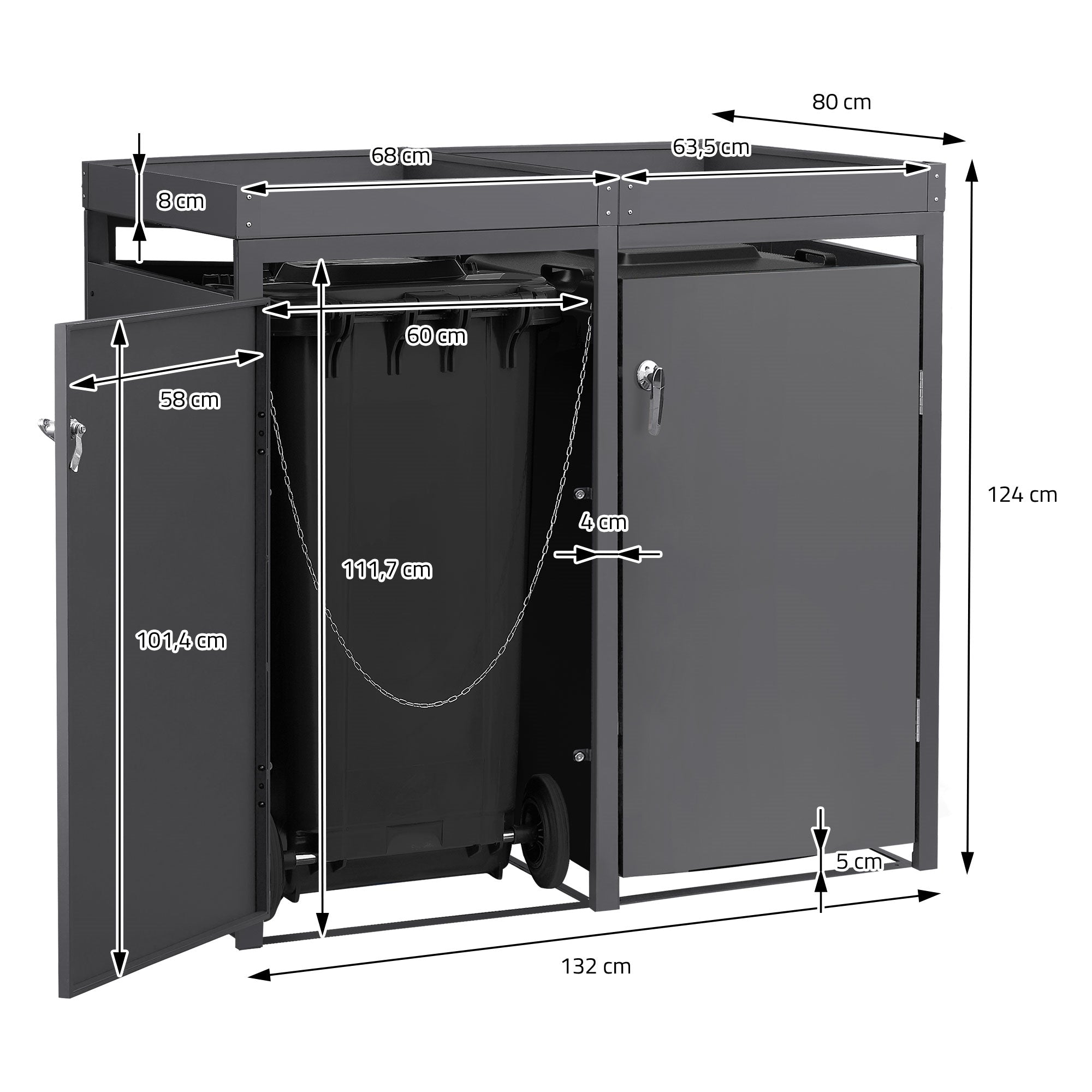 Mülltonnenbox mit Maßen: 132 cm x 80 cm x 124 cm, mit zwei Türen u