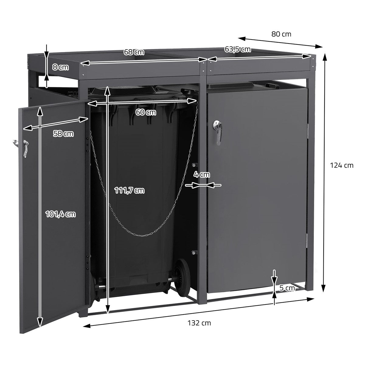 Abri pour poubelles de dimensions : 132 cm x 80 cm x 124 cm, avec deux portes et