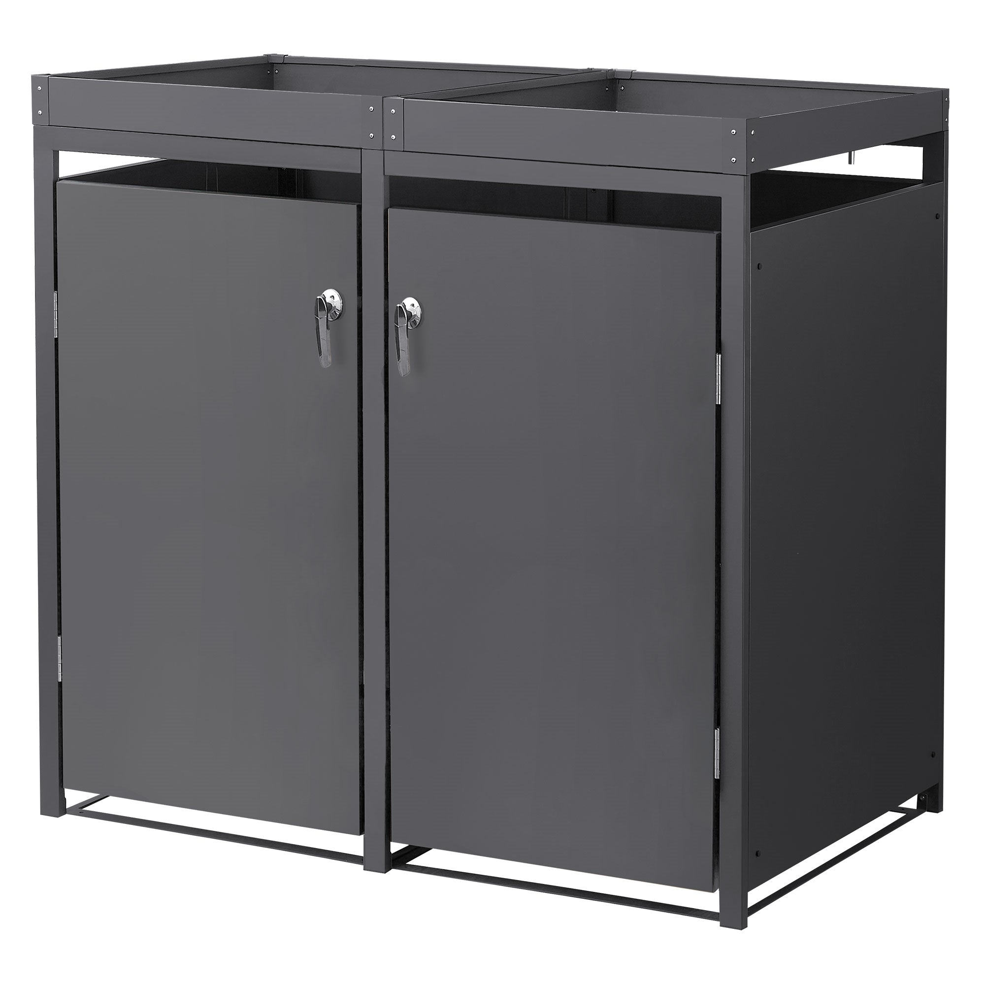 Zwei graue Schränke mit Türen und Schlössern, aus Metall und Holz.