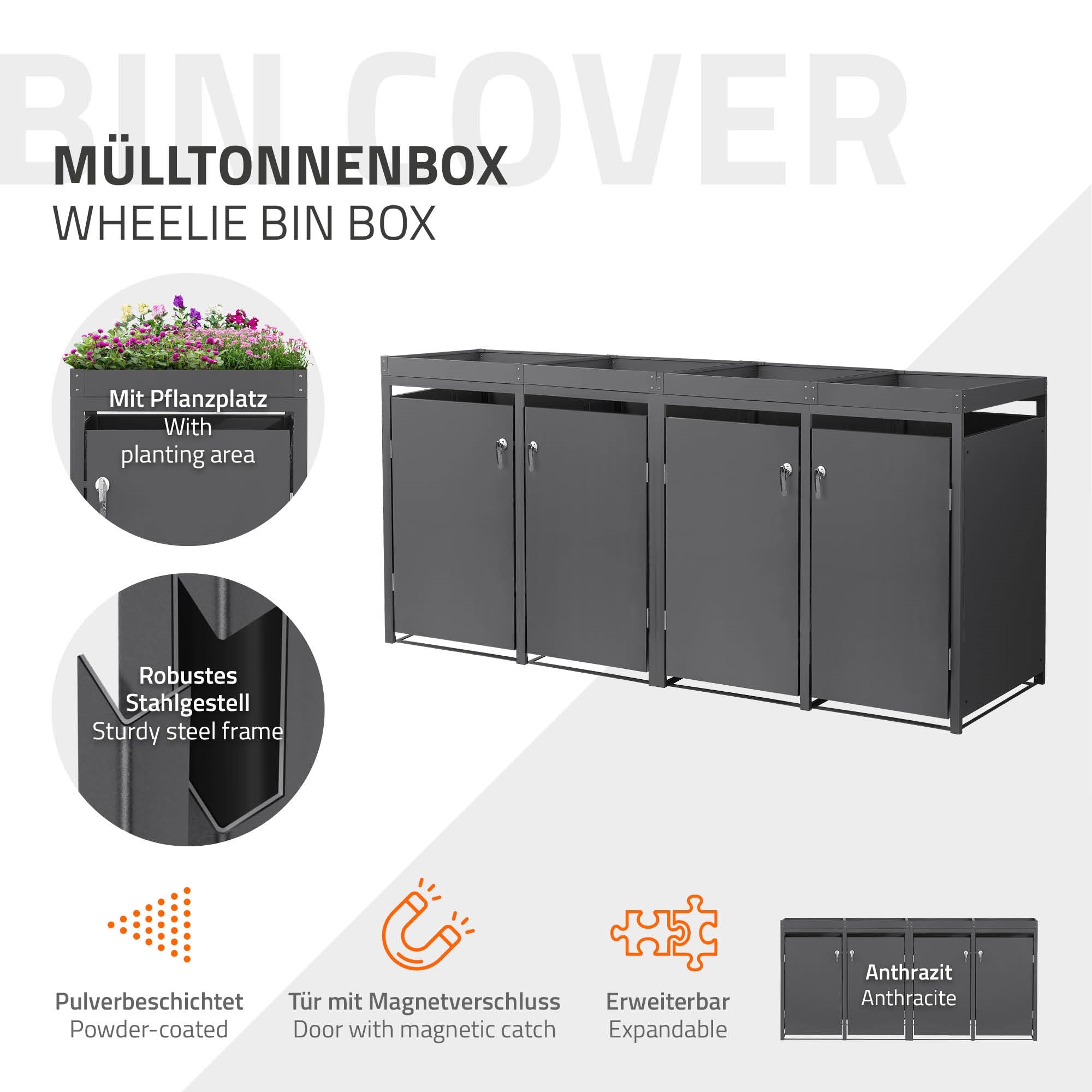 Mülltonnenbox mit Platz für Pflanzen und robustem Stahlrahmen.
