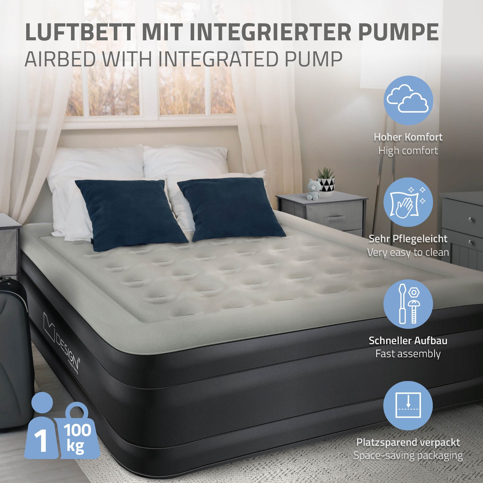 Luftbett mit integrierter Pumpe und Beschreibung der Vorteile.