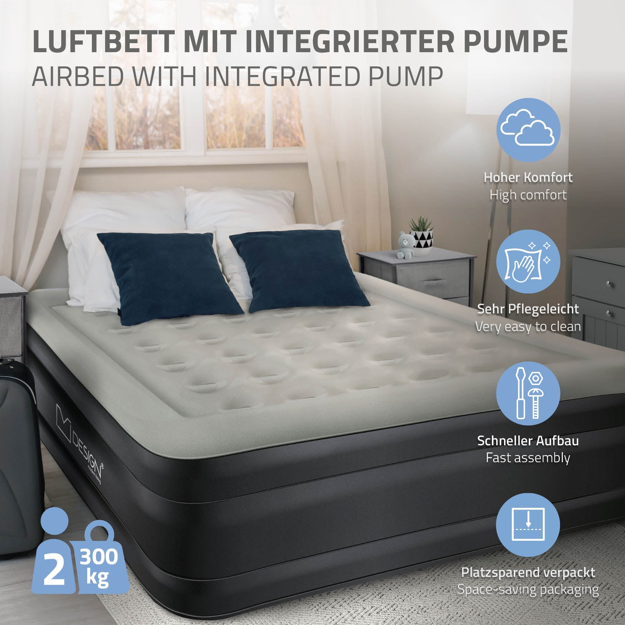 Luftbett mit integrierter Pumpe, auf einem Bett mit Kissen.