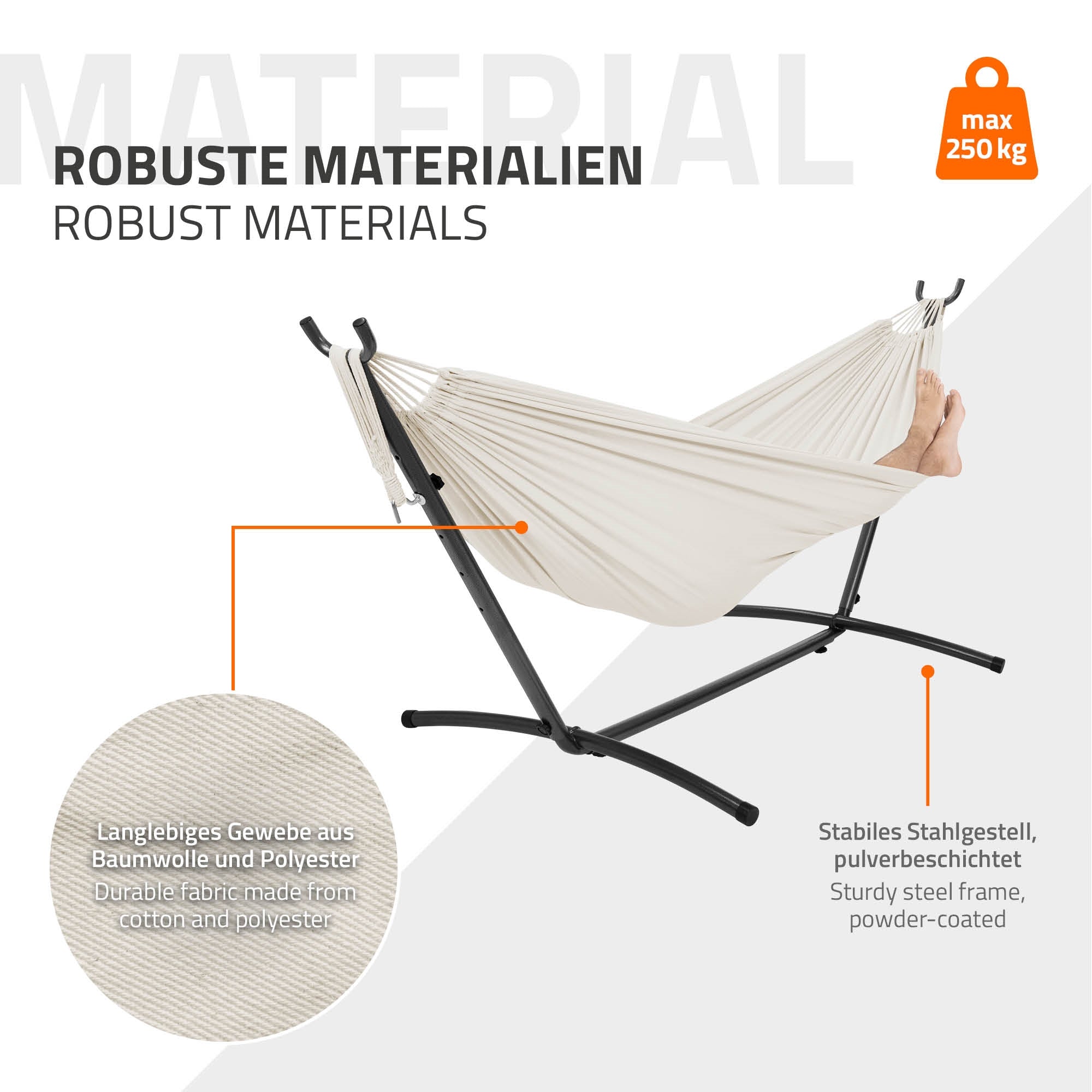 Hängematte mit Gestell, stabil und robust, aus Baumwolle und Polyester.