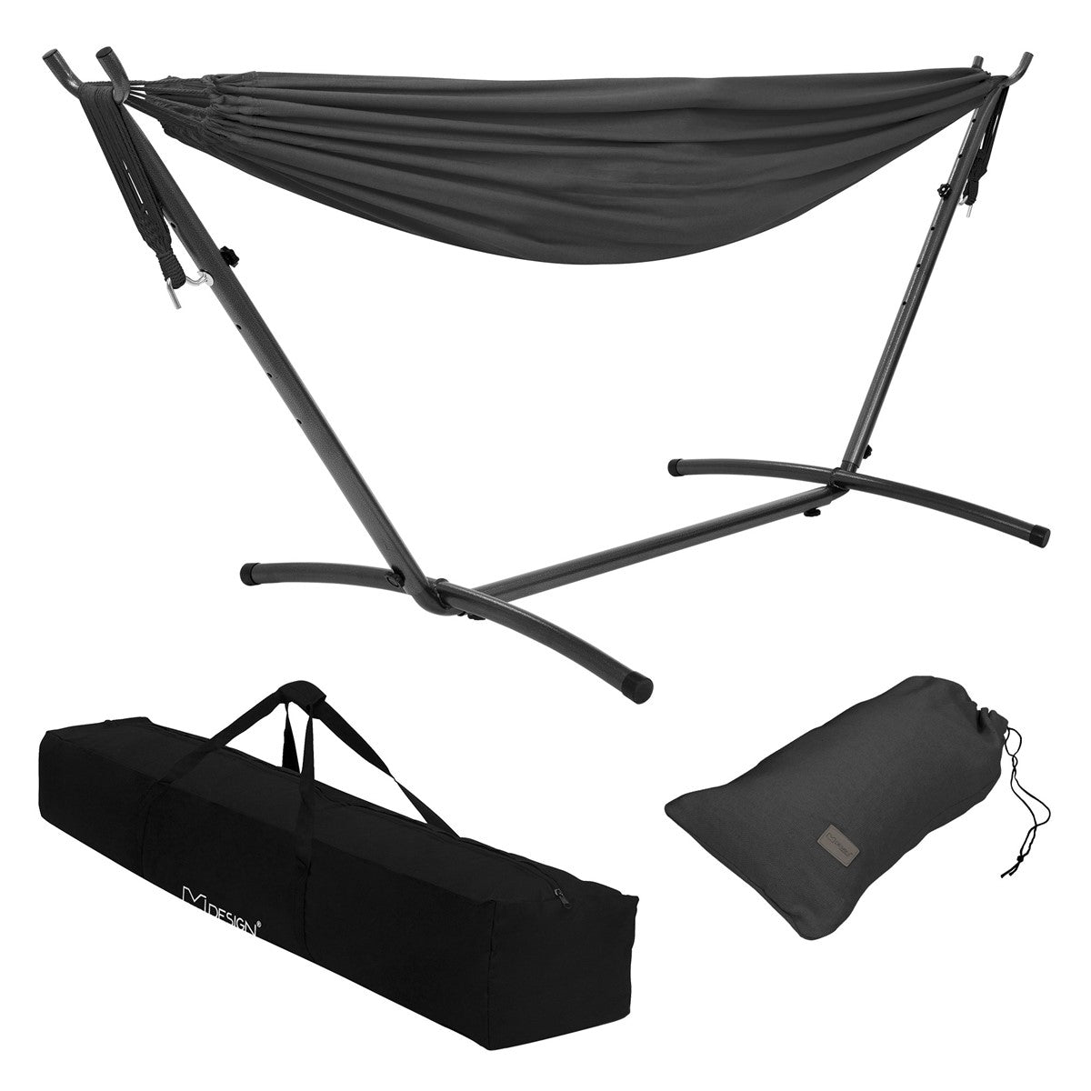 Hängematte mit Gestell und Tragetasche in schwarz.