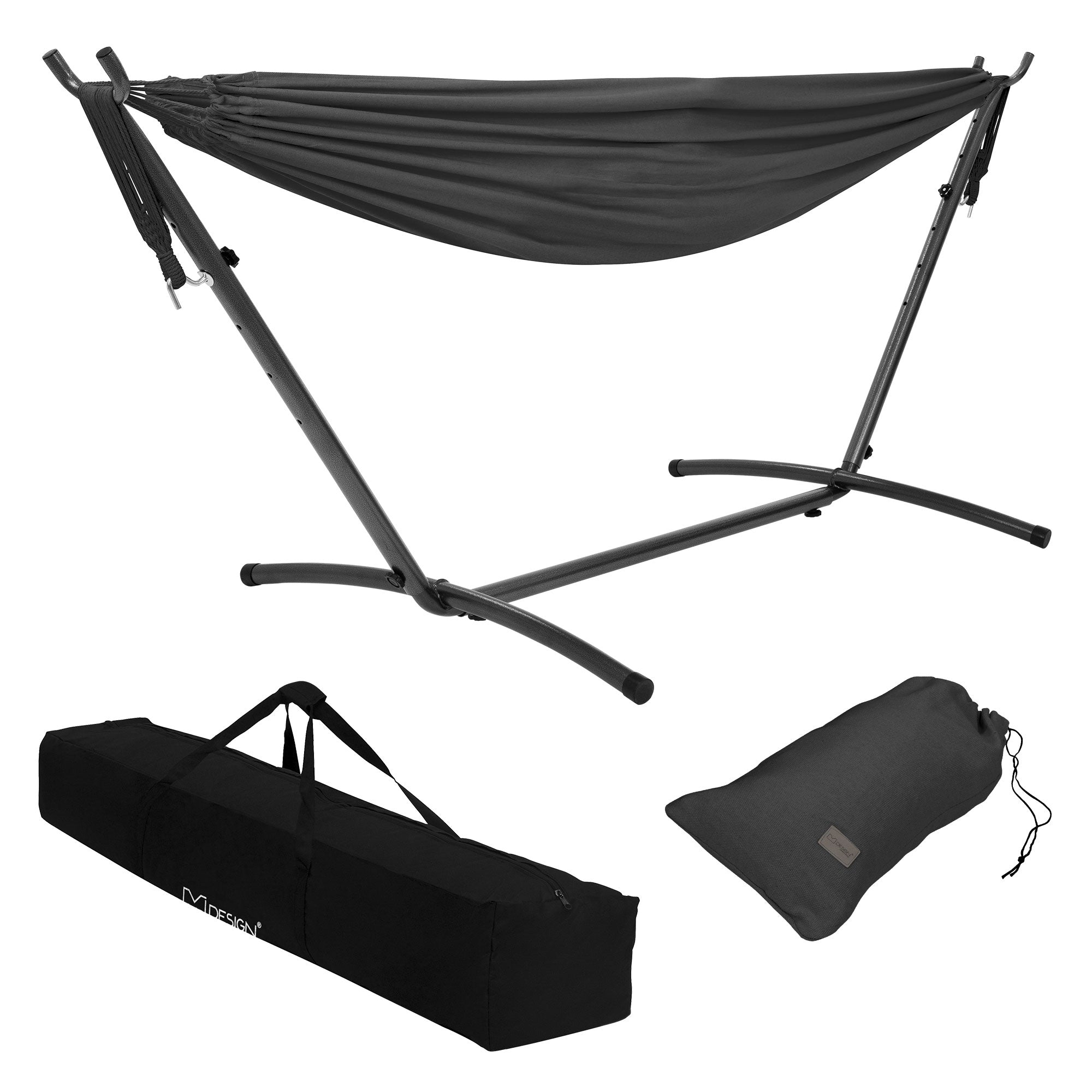 Hängematte mit Gestell und Tragetasche in schwarz.