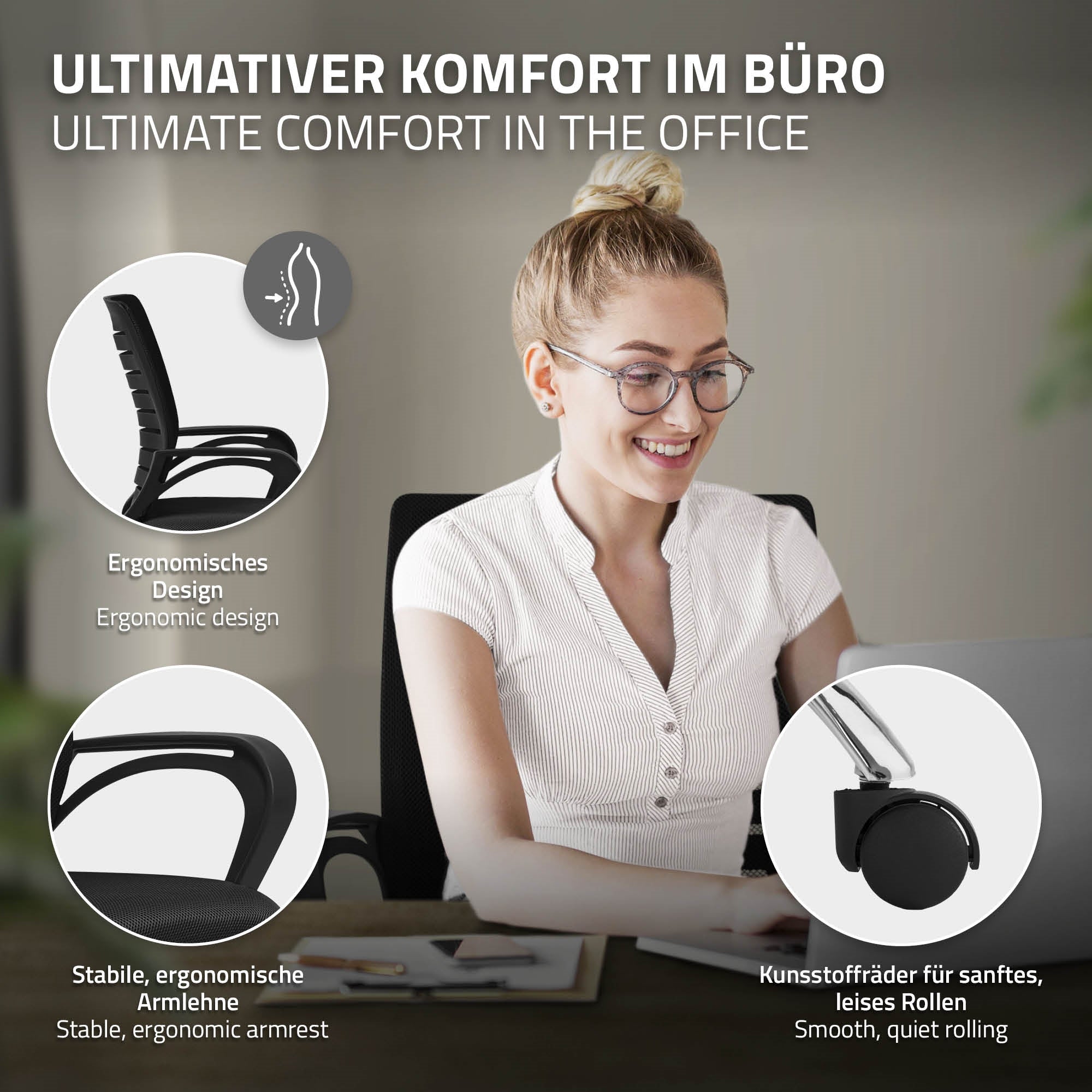 Frau mit Brille sitzt am Schreibtisch und arbeitet am Laptop.