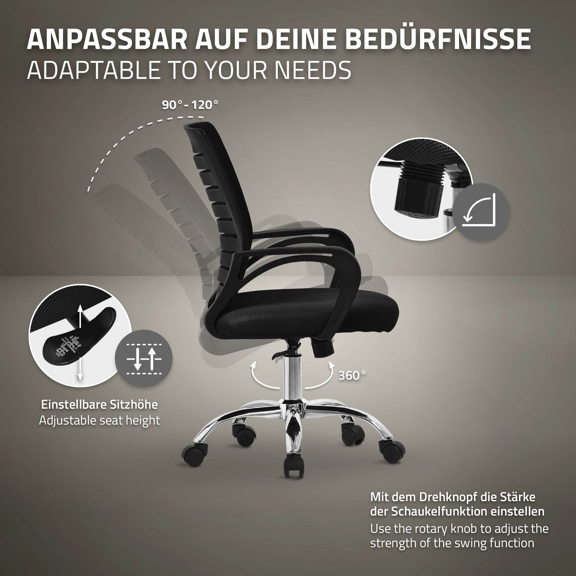 Bürostuhl mit verstellbarer Sitzhöhe und Schaukelfunktion.