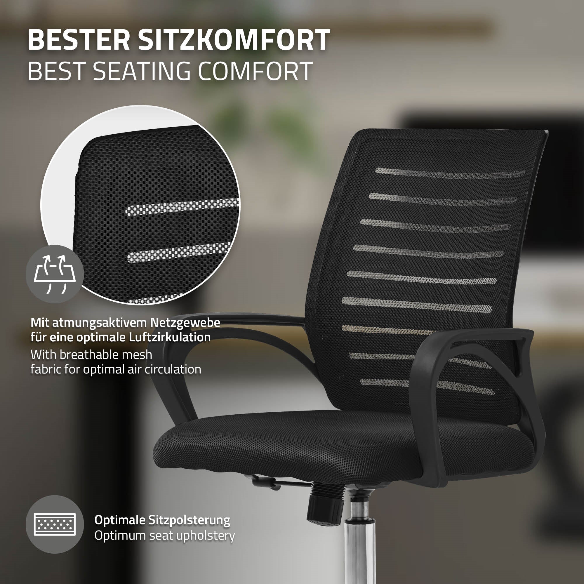 Bürostuhl mit atmungsaktivem Netzgewebe und ergonomischem Design.