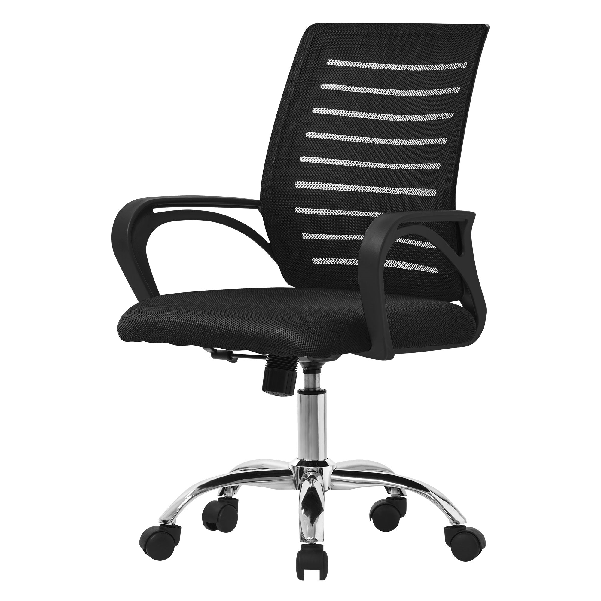 Zwarte bureaustoel met netstof en wielen.