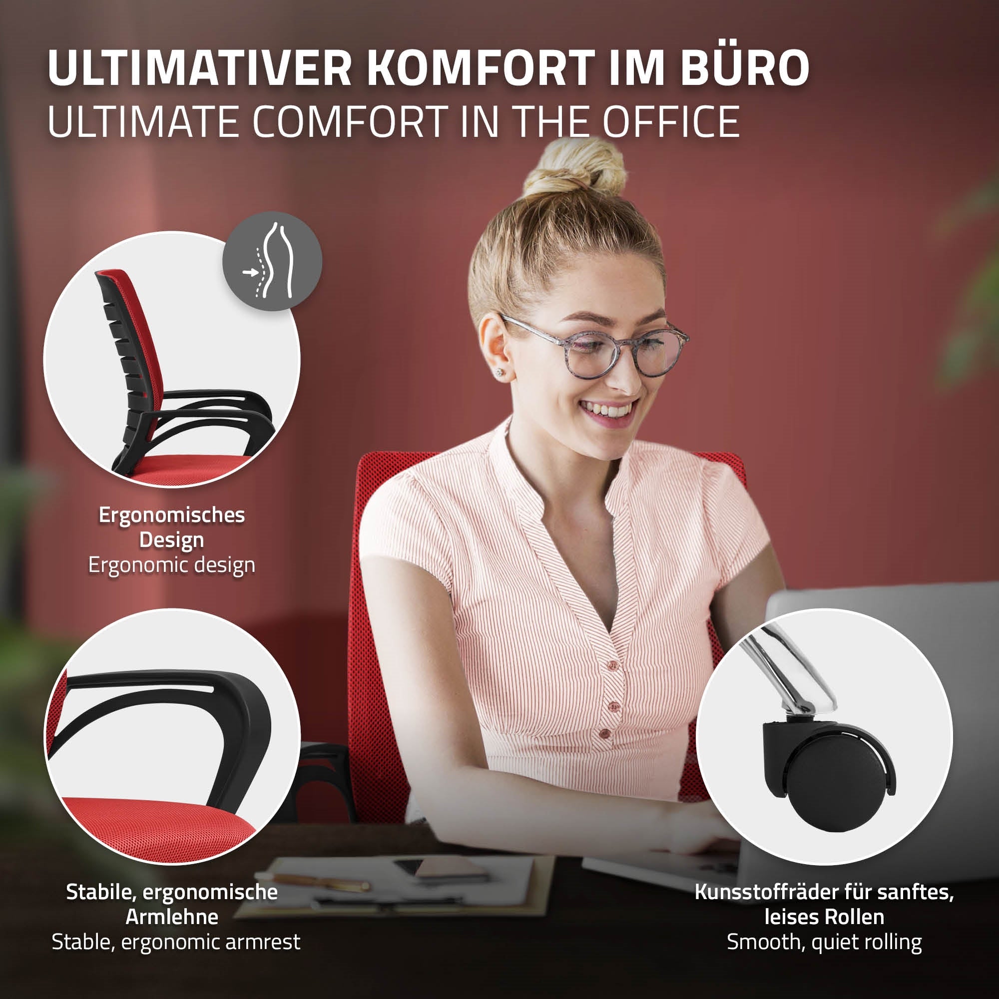 Frau mit Brille sitzt lächelnd an einem Schreibtisch, ergonomischer Bürostuhl im Vordergrund.