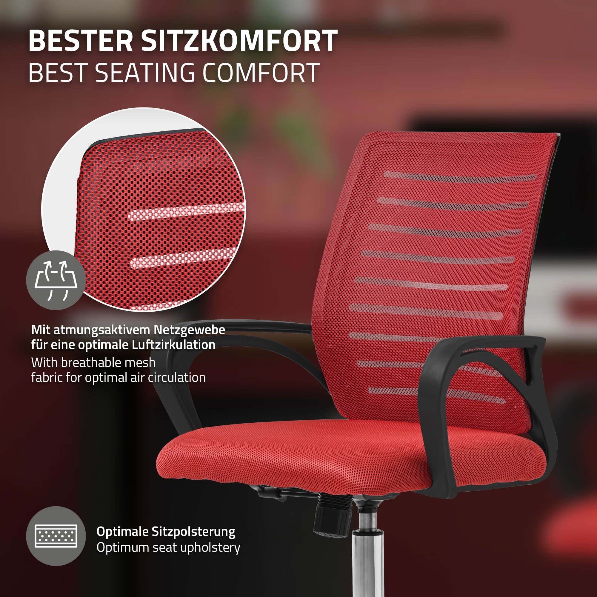 Roter Bürostuhl mit Netzgewebe und Beschreibung des Sitzkomforts auf einem dunklen Hintergrund.